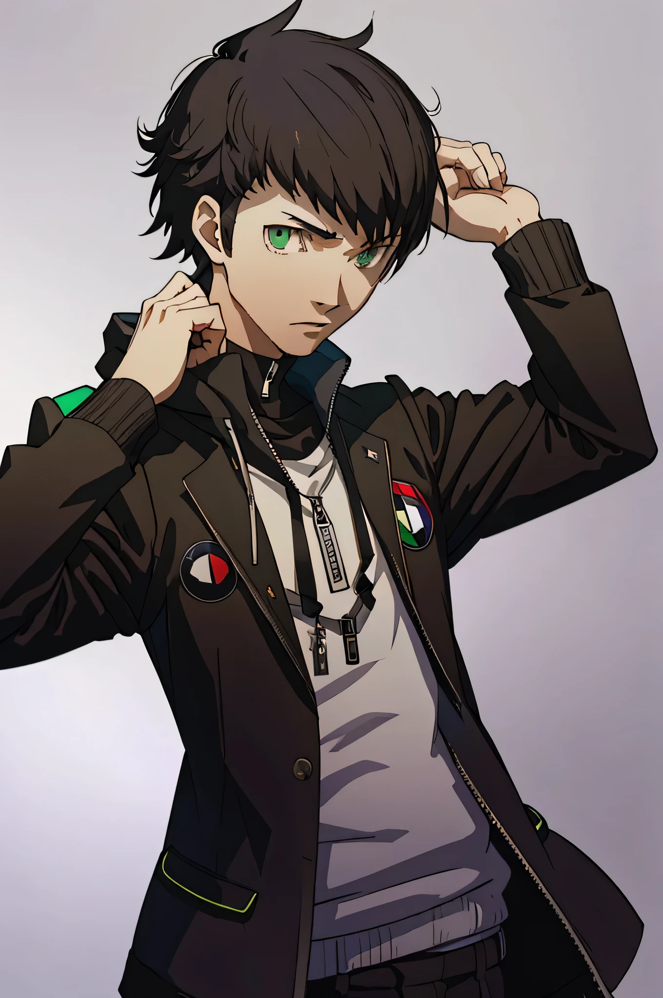 (masterpiece:1.2, best quality), 1boy, solo, upper body, portrait, green eyes, a black shujin academy blazer layered over a purple and black hoody, khakis slacks, short spikey brown hair (white background) standing pose