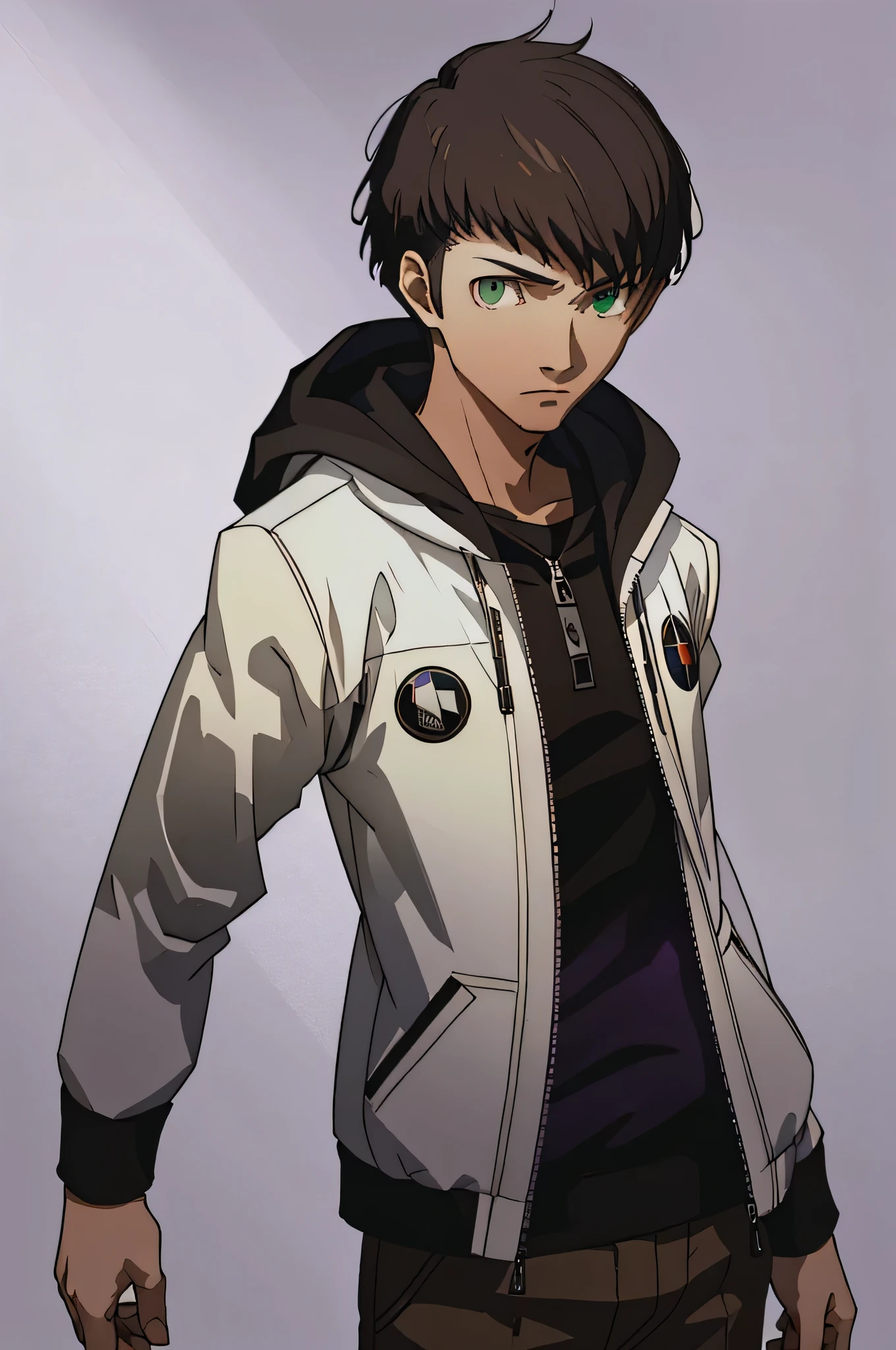 (masterpiece:1.2, best quality), 1boy, solo, upper body, portrait, green eyes, a black shujin academy blazer layered over a purple and black hoody, khakis slacks, short spikey brown hair (white background) standing pose