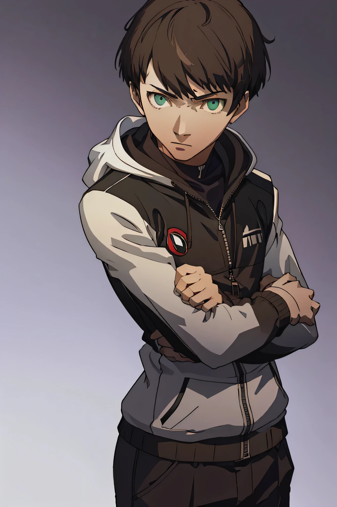 (masterpiece:1.2, best quality), 1boy, solo, upper body, portrait, green eyes, a black shujin academy blazer layered over a purple and black hoody, khakis slacks, short spikey brown hair (white background) standing pose