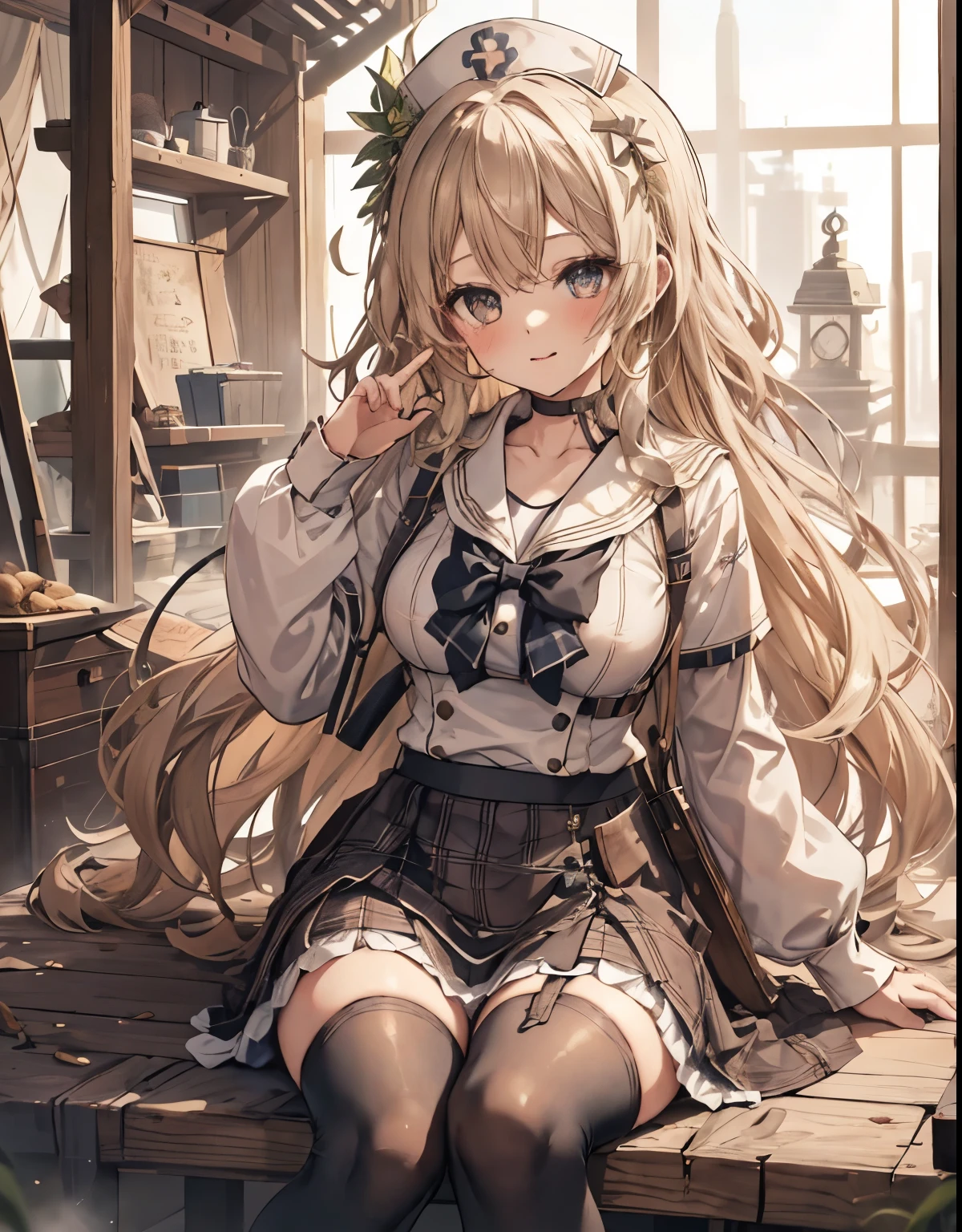 masterpiece, 1girl, sparrow, a blonde haired girl, wearing a sailor clothes, curly long hair, messy hair, slim body, he close her left eye, shirt ornament, ruby eyes, ahoge, baby face, bige breast, beautiful breasts, rounded breasts, long sleeves, beautiful eyes, white stocking, droopy eyes, skirt, black skirt, plaid skirt, her age is 19 years old, ricefield, bowtie, sailor collar, flared skirt, tight shirt, skirt, nagisa_bluearchive, lovely face, medium hair, lovely smile, curly hair, nurse cap, sit 