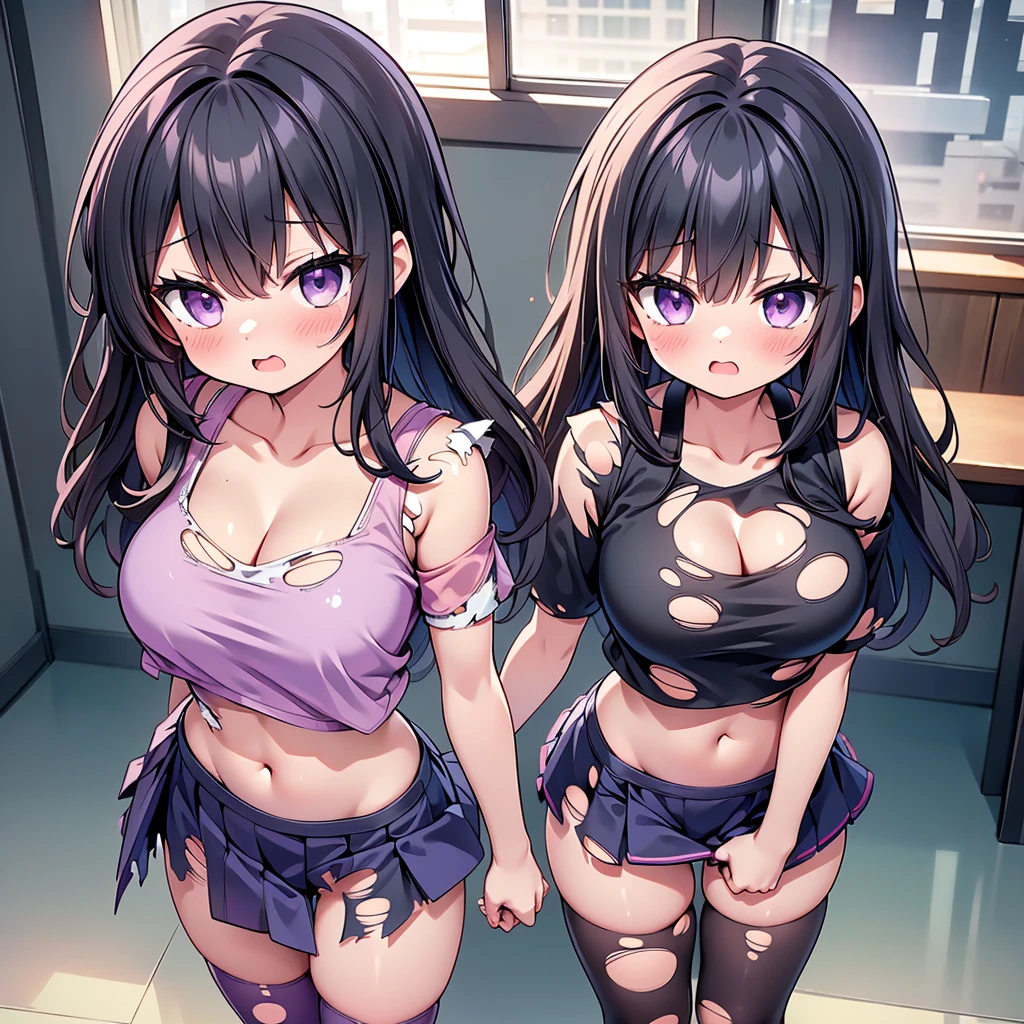 (8K、Best image quality、highest quality、masterpiece)、Detailed face、(2 girls, Black Hair, Purple Eyes, long hair)、Improve、 (magical pink girl outfit,frill mini skirt:1.2), (skinny body), (huge breasts:1.1), (cleavage cutout), (crop top navel), (torn clothes:1.8), (torn shirt:1.8), (open mouth), (embarrassed), Classroom Background, (black stockings:1.2), (Thighs:1.2), (Waistline), (from above:1.2)