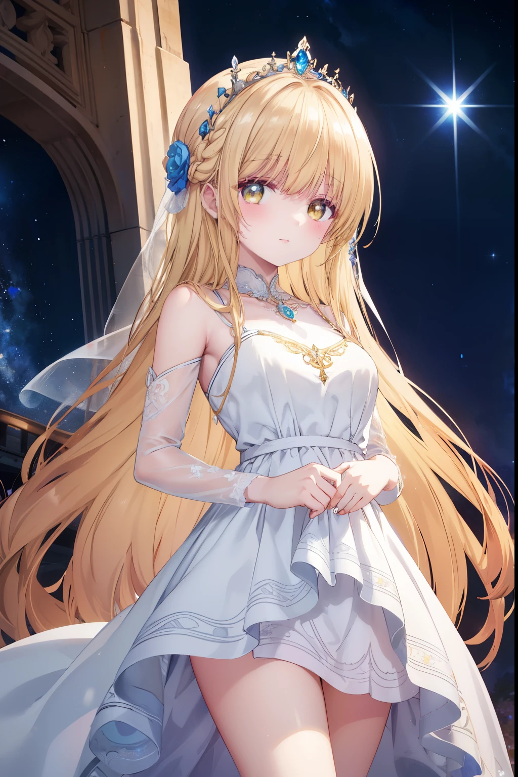 Mahiru shiina, , blonde, (Yellow Eyes:1.3)、Braided long hair,,blush,smile,Beautiful views, Attractive thighs、Beautiful bare legs, Angel wings have grown、//Character
1girl,
BREAK
//Fashions 
Celestial Goddess,
Inspired by the beauty and majesty of the cosmos, this costume exudes ethereal elegance and celestial charm, The ensemble features a flowing gown in shimmering shades of midnight blue, purple, or silver, reminiscent of the starry night sky, The gown is adorned with glittering sequins, beads, and celestial motifs, evoking the splendor of distant galaxies and constellations, 
BREAK
Pair the gown with delicate celestial accessories such as a sparkling tiara or a crescent moon necklace, adding a touch of celestial magic to the ensemble, Complete the look with flowing hair styled in loose waves or intricate braids, reminiscent of a celestial goddess descending from the heavens, This costume is perfect for fantasy-themed events, cosmic masquerades, or anyone who wants to shine like a star,
BREAK、I can see your Pantastar piece.:1.2), highest quality, High resolution, unity 8k wallpaper, (shape:0.8), (Beautiful and beautiful eyes:1.6), Highly detailed face, Perfect lighting, Highly detailed CG, (Perfect hands, Perfect Anatomy),