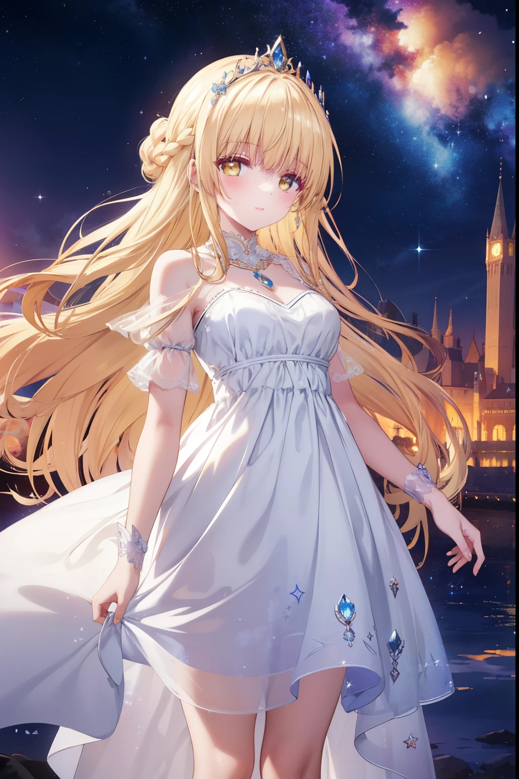 Mahiru shiina, , blonde, (Yellow Eyes:1.3)、Braided long hair,,blush,smile,Beautiful views, Attractive thighs、Beautiful bare legs, Angel wings have grown、//Character
1girl,
BREAK
//Fashions
Celestial Goddess,
Inspired by the beauty and majesty of the cosmos, this costume exudes ethereal elegance and celestial charm, The ensemble features a flowing gown in shimmering shades of midnight blue, purple, or silver, reminiscent of the starry night sky, The gown is adorned with glittering sequins, beads, and celestial motifs, evoking the splendor of distant galaxies and constellations,
BREAK
Pair the gown with delicate celestial accessories such as a sparkling tiara or a crescent moon necklace, adding a touch of celestial magic to the ensemble, Complete the look with flowing hair styled in loose waves or intricate braids, reminiscent of a celestial goddess descending from the heavens, This costume is perfect for fantasy-themed events, cosmic masquerades, or anyone who wants to shine like a star,
BREAK、I can see your Pantastar piece.:1.2), highest quality, High resolution, unity 8k wallpaper, (shape:0.8), (Beautiful and beautiful eyes:1.6), Highly detailed face, Perfect lighting, Highly detailed CG, (Perfect hands, Perfect Anatomy),