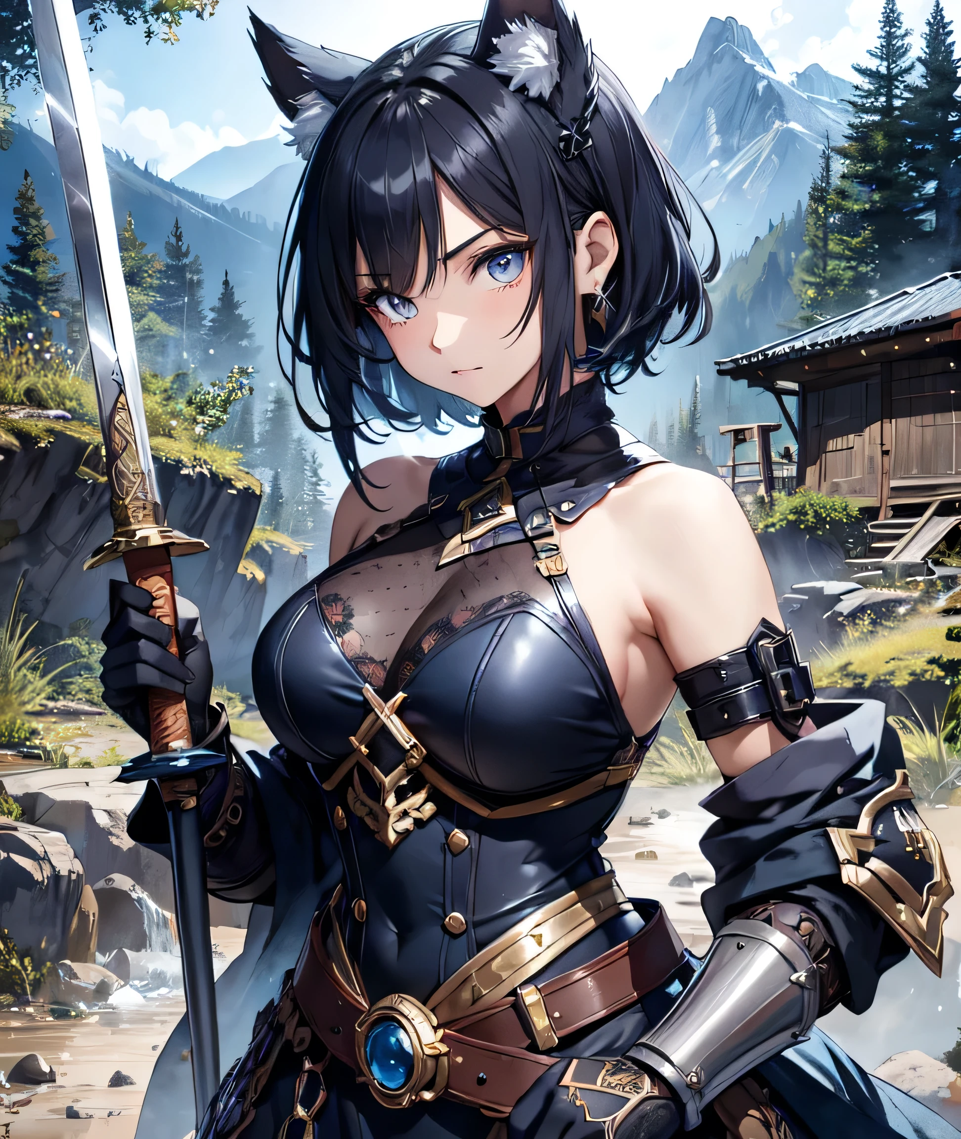 (masterpiece:1.2), (highest quality:1.2), Upper body, perfect eyes, perfect face, perfect lighting, mountainous horizon, 1 girl, 1 boy, black hair, blue eye, ((very short back hair)), blunt bangs, cute eyes, Medium chest , ((front)),((from below)), open mouth, vivid description,orgasm, I was scared, crying face, tooth, anger, From the side, sitting, (((white bikini armor))), (((disdain))), ((((glaring))))