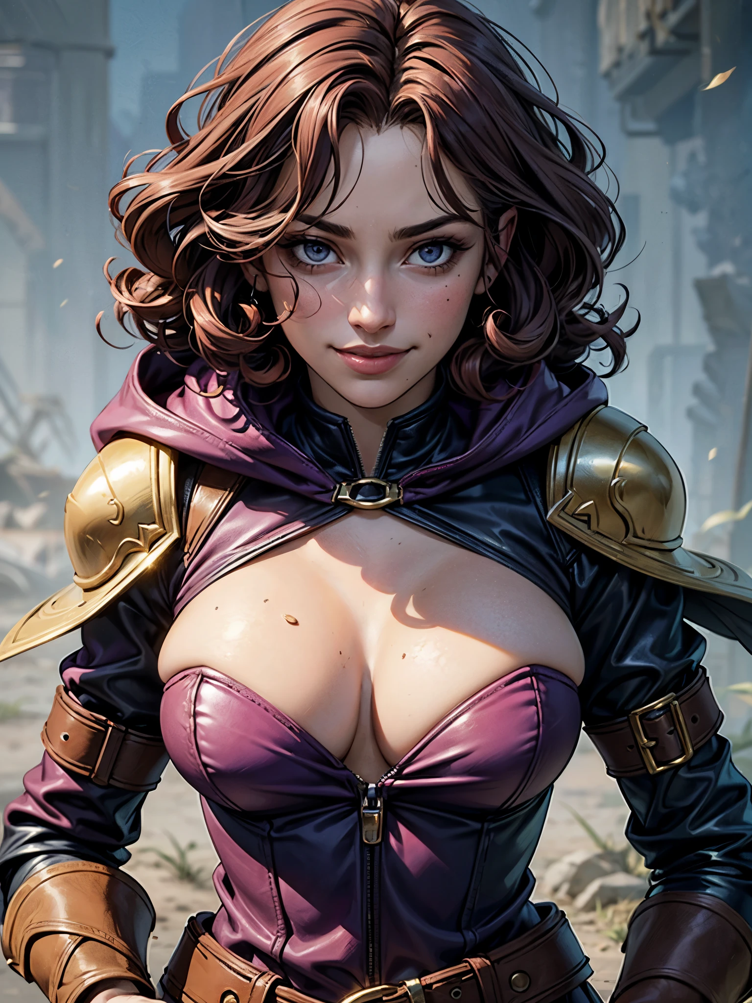 ((best quality)), ((detailed)), ((masterpiece)), A portrait of a girl, dorky, fantasy, thief, mage, in leather armor, purple and pink outfit, cleavage, brown hair, curly hair, smirk, goofy expression, hood