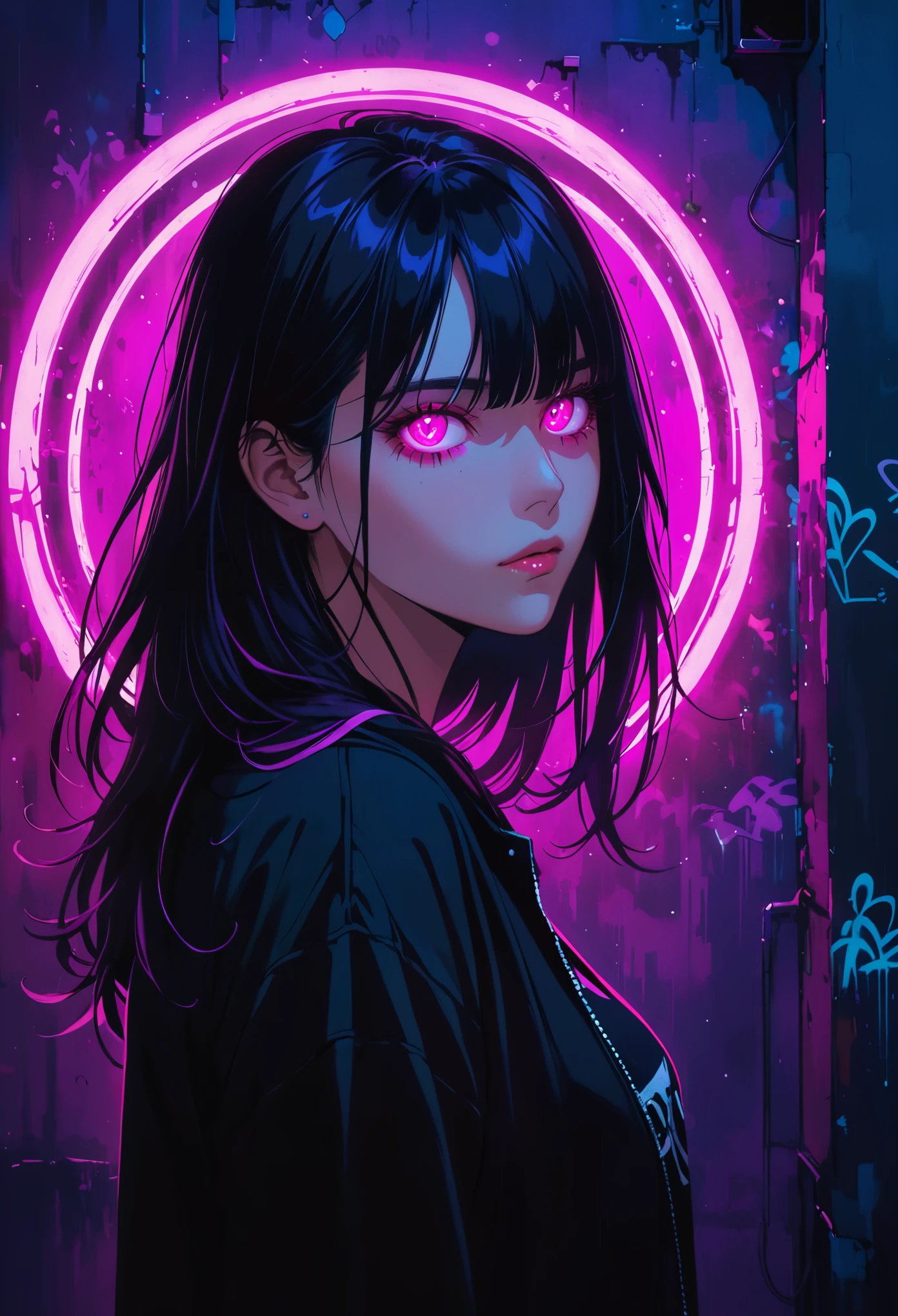 (Retrato de un misterioso ojo gigante)，interior，ambient lighting，fondo de la pared，Fondo ?????，Fondo de estilo graffiti minimalista，Graffiti de ojos rosados fluorescentes，dark atmosphere，tiro de vaquero,1 chica,Camiseta oversize negra，Cabello rosa fluorescente，Ojos rosa fluorescente，Mano levantada y tocando el cabello.，pelo largo，pelo despeinado，vaqueros de talle bajo，Botas por encima de la rodilla，sombra de ojos rosa，sombra de ojos arruinada，Poker face，
