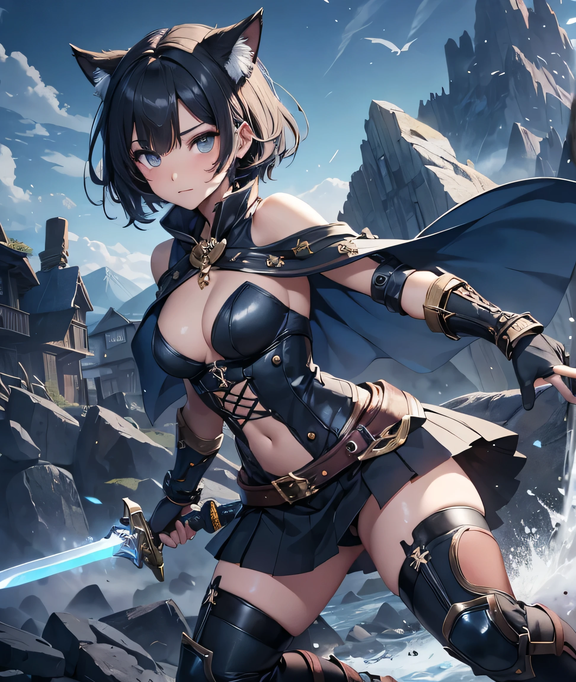beautiful detailed girl, clear and beautiful, Make the character the main point of view, glowing skin, girls, not, young, 20 years, short hair, shortcut, Short hair, Beautifully detailed glass hair, ((swinging a big sword, battle stance)) ((Steampunk Iron Armor Costume, Black color, reconsideration)) beautiful details, cold face, cold expression, beautiful and delicate eyes, black eye, moderate chest, black eye동자, Authentic skin texture, Very nice 8KCG wallpaper, Very nice 8K CG wallpaper, Watercolor (middle), female warrior, indigo hair, (((full body cut))), Cat's ears pink, Long knives, big knife, Traditional sword, swinging, attack stance, levitation, (((with my whole body))), Show me your whole body, (((dark, dark 밤, midnight))) ((Sky blue: dark blue)) (((nature background, mountain, wood))), ((outdoors))
