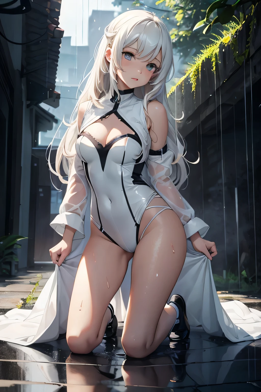 animated girl in a white y clothes kneeling on a floor, legs spread, girl wet, wet transparent clothes, girl wet by the Rain, wet hairs, traces of water, outdoor raining, storm, bad weather , frontline girls, des chevaliers, seductive animated girl, sexbest rated on pixiv, Tendances sur ArtStation pixiv, Anya de la famille Spy X, avec un miroir, female character'anime, du jeu vidéo Azur Lane, les gamated girl), style voie d'azur