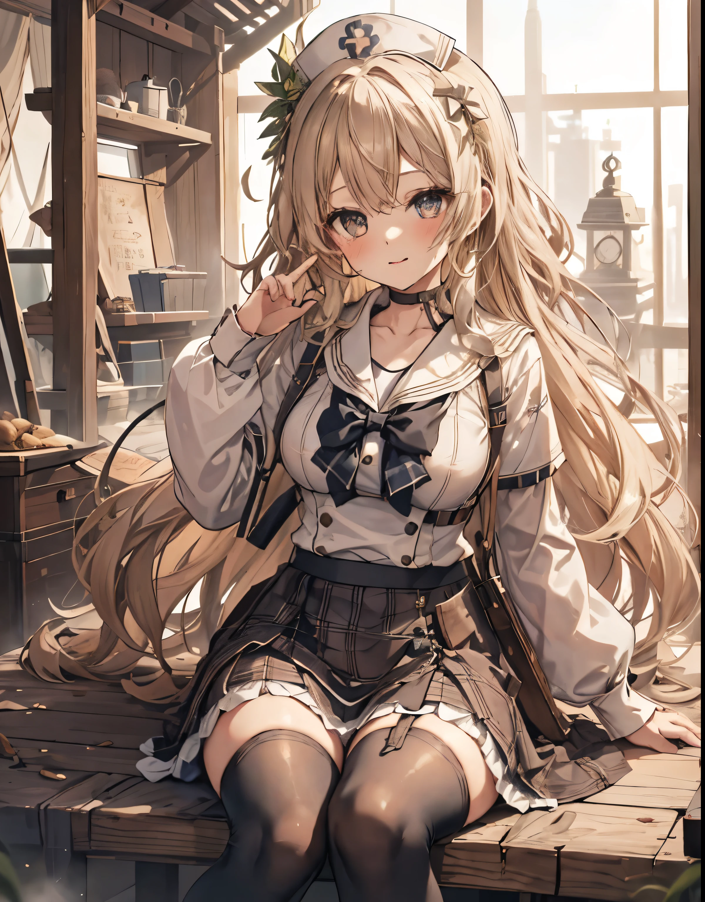 masterpiece, 1girl, sparrow, a blonde haired girl, wearing a sailor clothes, curly long hair, messy hair, slim body, he close her left eye, shirt ornament, ruby eyes, ahoge, baby face, bige breast, beautiful breasts, rounded breasts, long sleeves, beautiful eyes, white stocking, droopy eyes, skirt, black skirt, plaid skirt, her age is 19 years old, ricefield, bowtie, sailor collar, flared skirt, tight shirt, skirt, nagisa_bluearchive, lovely face, medium hair, lovely smile, curly hair, nurse cap, sit 