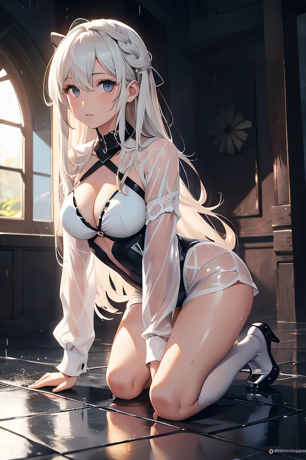 animated girl in a white sexy clothes kneeling on a floor, legs spread, girl wet, wet transparent clothes, girl wet by the Rain, wet hairs, traces of water, outdoor raining, storm, bad weather , frontline girls, des chevaliers, seductive animated girl, sexy, best rated on pixiv, Tendances sur ArtStation pixiv, Anya de la famille Spy X, avec un miroir, female character'anime, du jeu vidéo Azur Lane, les gars, (animated girl), style voie d'azur