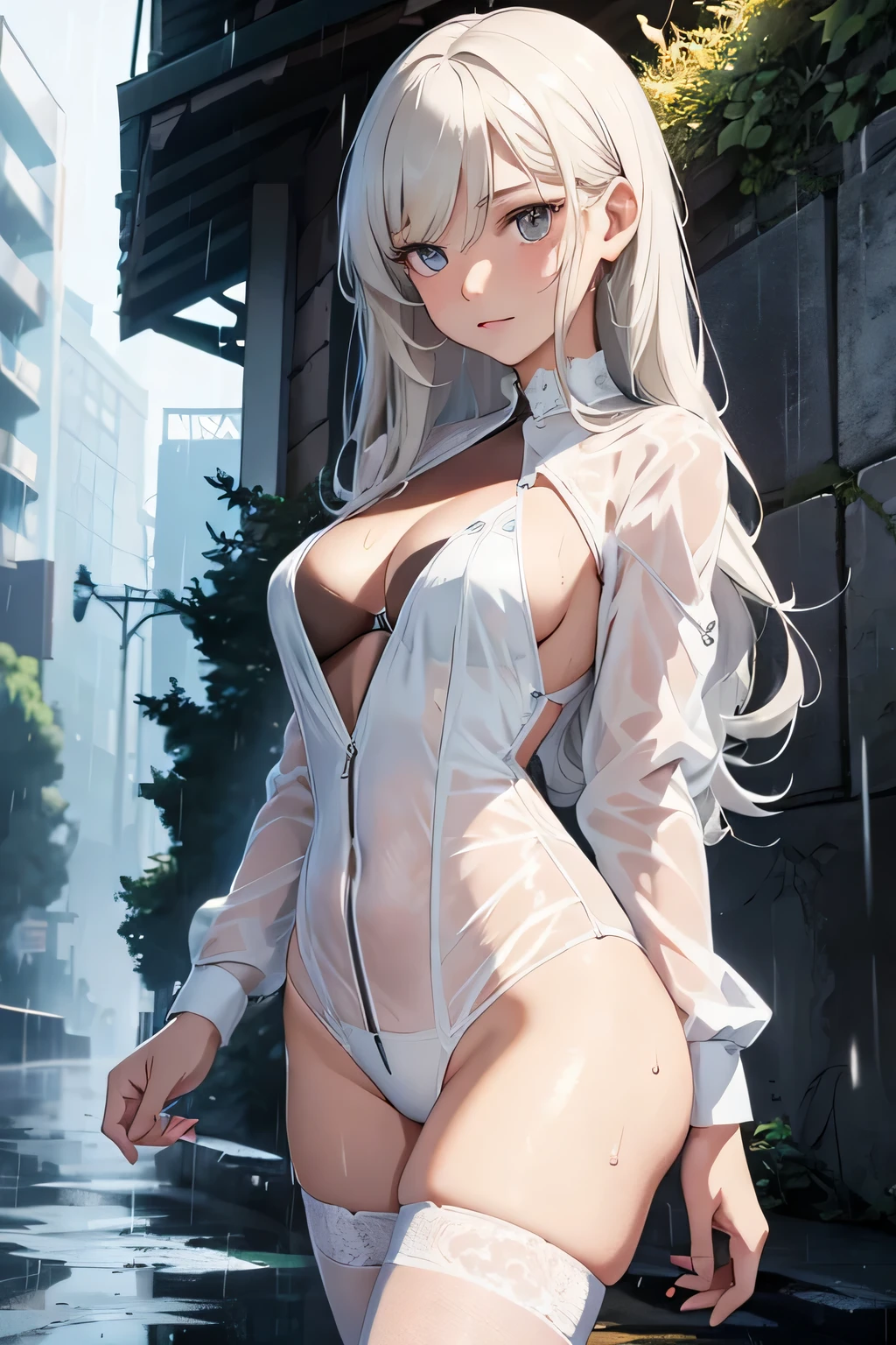 animated girl in a white  clothes,  pose, legs spread, girl wet, wet transparent clothes, girl wet by the Rain, wet hairs, traces of water, outdoor raining, storm, bad weather , frontline girls, des chevaliers, seductive animated girl, , best rated on pixiv, Tendances sur ArtStation pixiv, Anya de la famille Spy X, avec un miroir, female character'anime, du jeu vidéo Azur Lane, les gars, (animated girl), style voie d'azur
