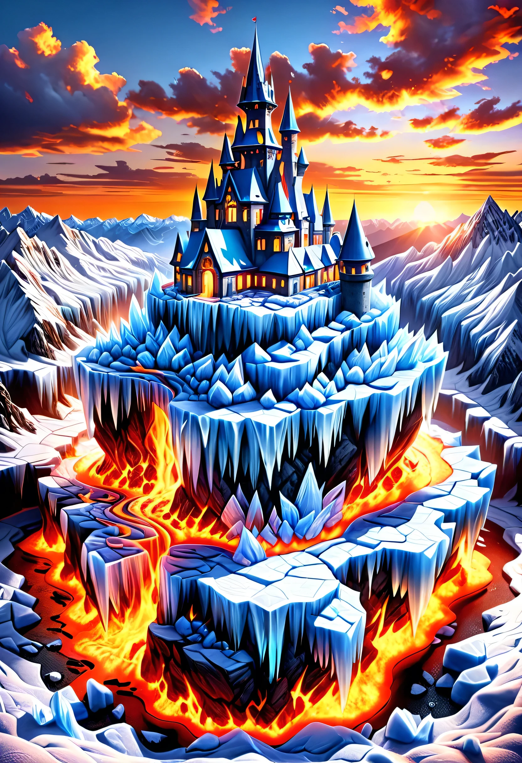 a panoramic award winning photography, Photorealistic, extremely detailed of a castle made from (ice: 1.3) made_of_ice standing on the peak of a snowy mountain, an impressive best detailed castle made from ice (Photorealistic, extremely detailed), with towers, bridges, a moat filled with lava (Photorealistic, extremely detailed),  standing on top of a snowy mountain (masterpiece, extremely detailed, best quality), with pine trees, sunset light, some clouds in the air,  alpine mountain range background, best realistic, best details, best quality, 16k, [ultra detailed], masterpiece, best quality, (extremely detailed), ultra wide shot, photorealism, depth of field, faize