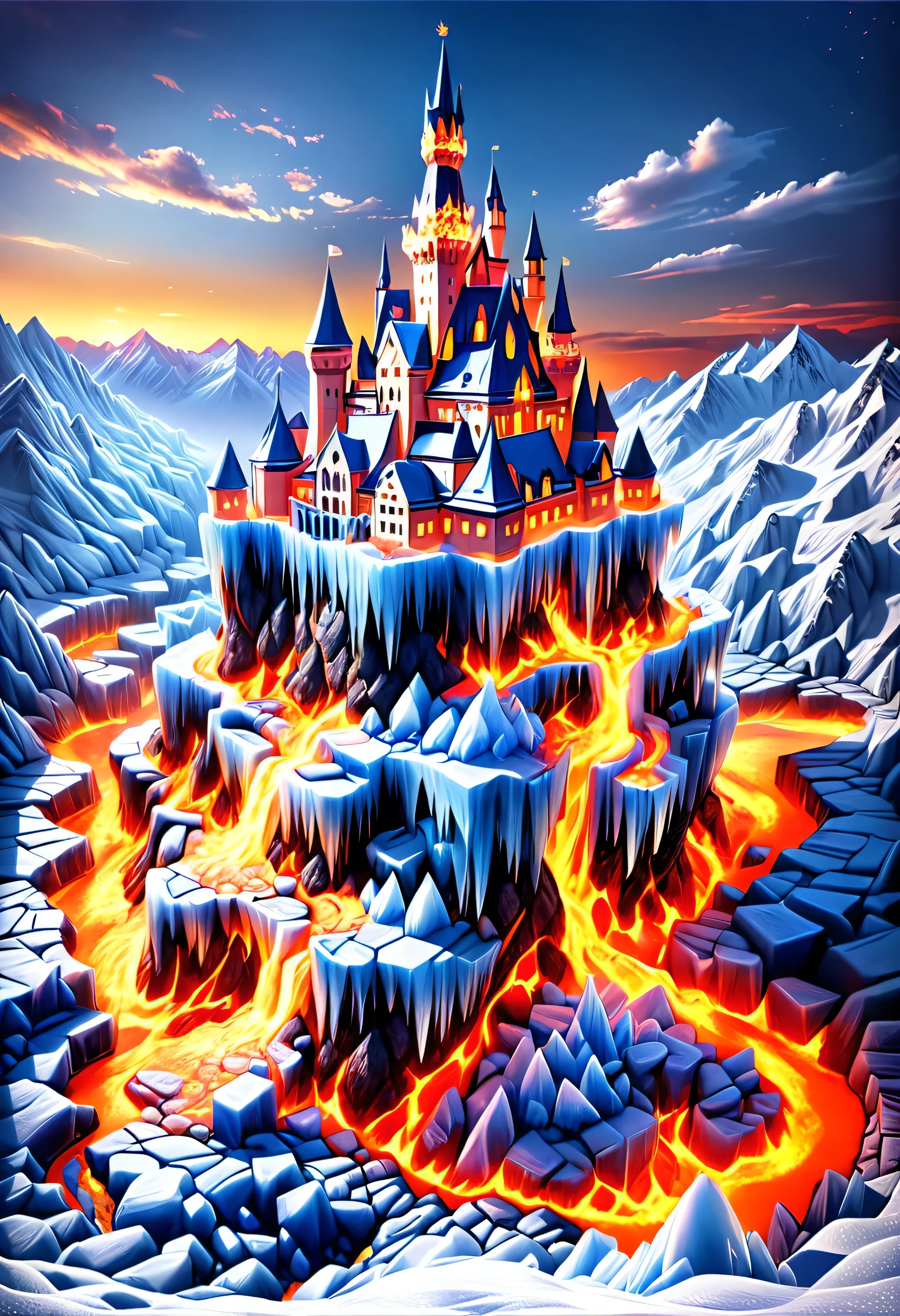 a panoramic award winning photography, Photorealistic, extremely detailed of a castle made from (ice: 1.3) made_of_ice standing on the peak of a snowy mountain, an impressive best detailed castle made from ice (Photorealistic, extremely detailed), with towers, bridges, a moat filled with lava (Photorealistic, extremely detailed),  standing on top of a snowy mountain (masterpiece, extremely detailed, best quality), with pine trees, sunset light, some clouds in the air,  alpine mountain range background, best realistic, best details, best quality, 16k, [ultra detailed], masterpiece, best quality, (extremely detailed), ultra wide shot, photorealism, depth of field, faize