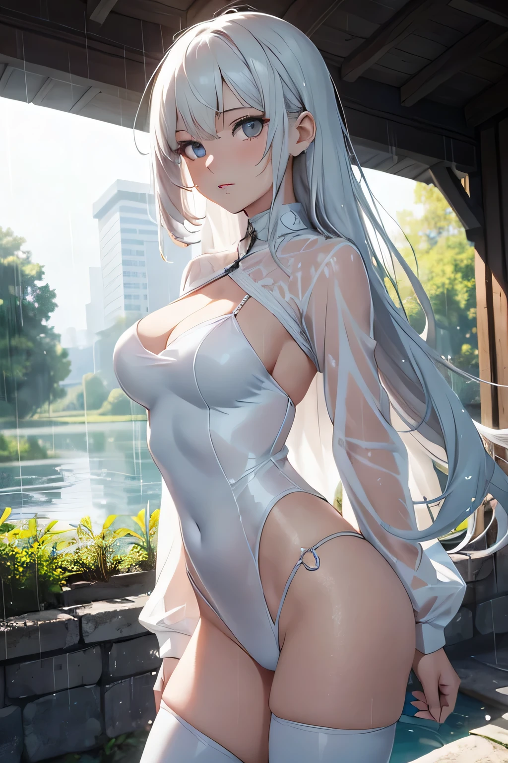 animated girl in a white sexy clothes, sexy pose, legs spread, girl wet, wet transparent clothes, girl wet by the Rain, wet hairs, traces of water, outdoor raining, storm, bad weather , frontline girls, des chevaliers, seductive animated girl, sexy, best rated on pixiv, Tendances sur ArtStation pixiv, Anya de la famille Spy X, avec un miroir, female character&#39;anime, du jeu vidéo Azur Lane, les gars, (animated girl), style voie d&#39;azur