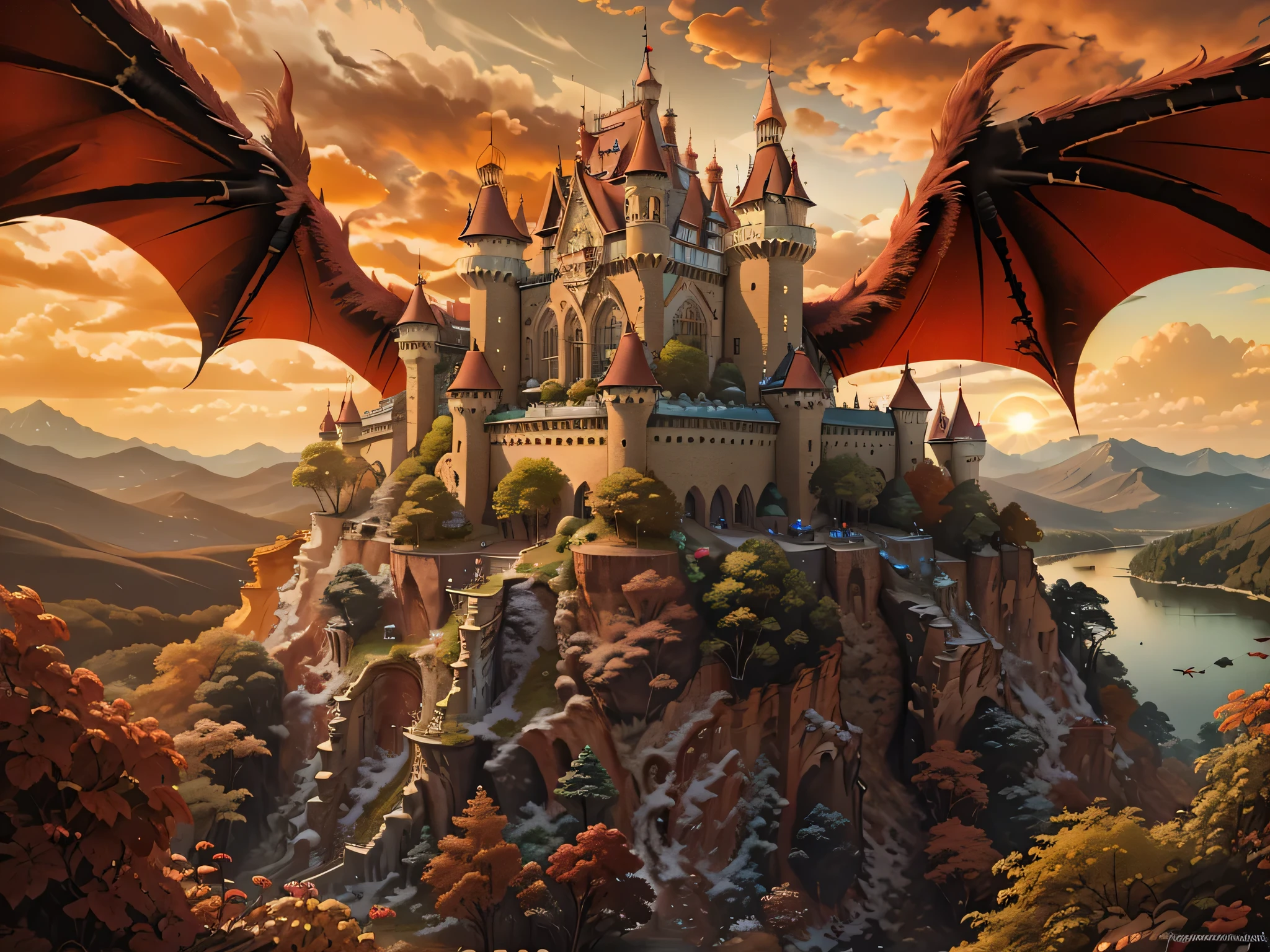 a panoramic award winning photography, Photorealistic, extremely detailed of a castle being attacked by a dragon, an impressive best detailed castle,  with towers, bridges, a moat filled with lava, standing on top of a mountain, the red dragon flying near the castle threatening it, the sun sets on the castle, , masterpiece, best quality, (extremely detailed), ultra wide shot, photorealism, depth of field,