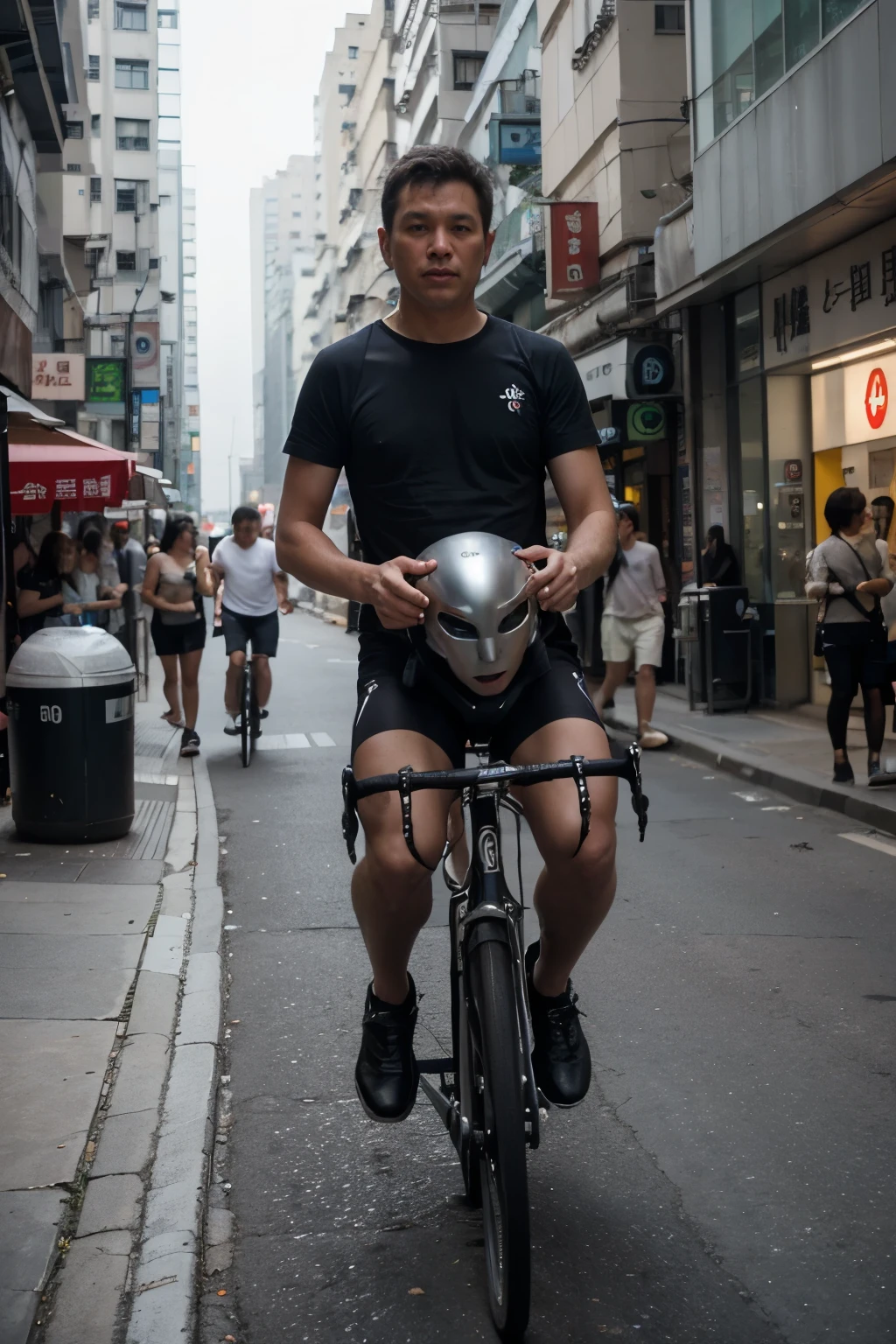 Half-robot, half-human middle-aged father,Carrying teenage son on bicycle,on the streets of Hong Kong