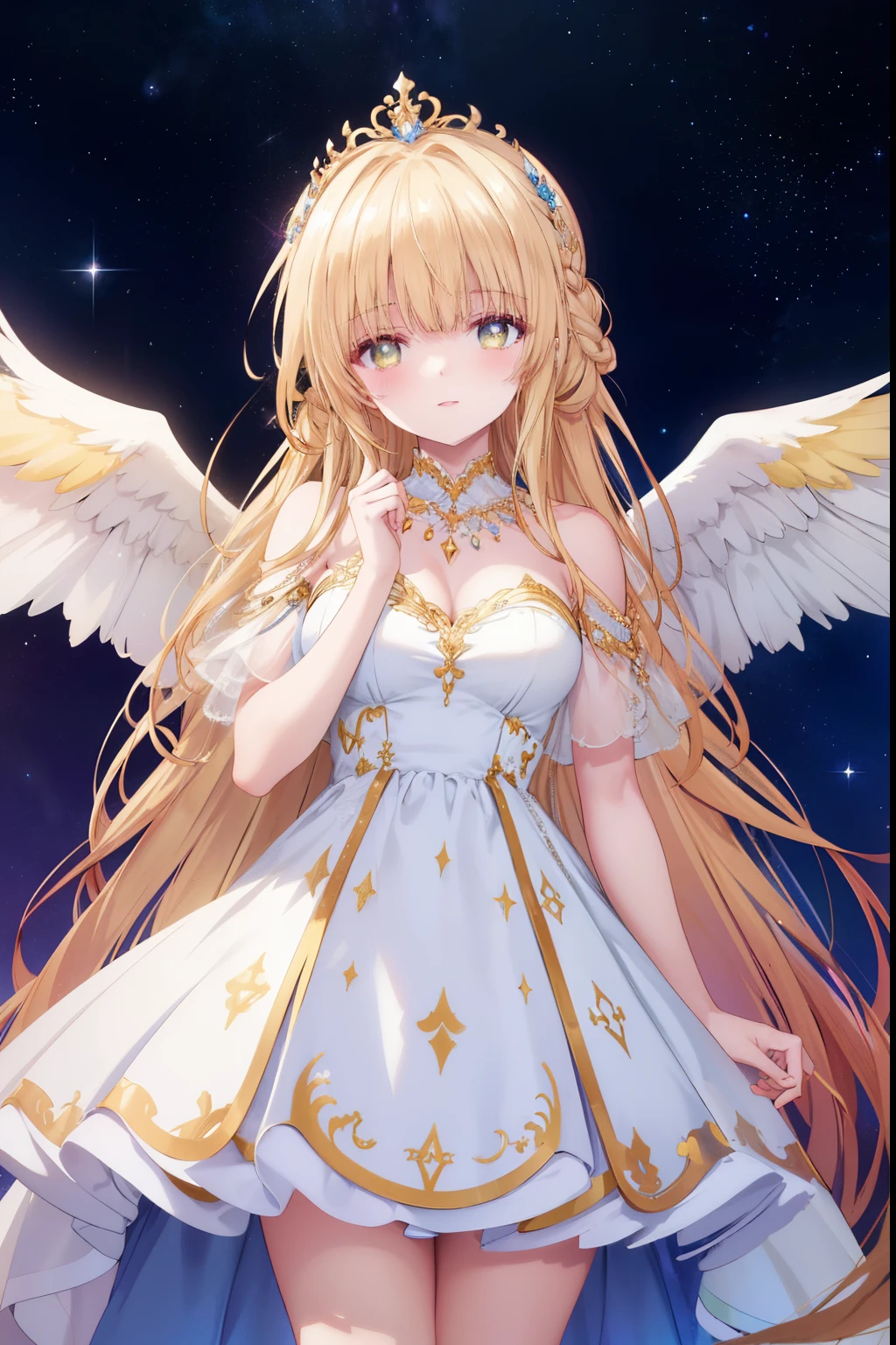 Mahiru shiina, , blonde, (Yellow Eyes:1.3)、Braided long hair,,blush,smile,Beautiful views, Attractive thighs、Beautiful bare legs, Angel wings have grown、//Character
1girl,
BREAK
//Fashions 
Celestial Goddess,
Inspired by the beauty and majesty of the cosmos, this costume exudes ethereal elegance and celestial charm, The ensemble features a flowing gown in shimmering shades of midnight blue, purple, or silver, reminiscent of the starry night sky, The gown is adorned with glittering sequins, beads, and celestial motifs, evoking the splendor of distant galaxies and constellations, 
BREAK
Pair the gown with delicate celestial accessories such as a sparkling tiara or a crescent moon necklace, adding a touch of celestial magic to the ensemble, Complete the look with flowing hair styled in loose waves or intricate braids, reminiscent of a celestial goddess descending from the heavens, This costume is perfect for fantasy-themed events, cosmic masquerades, or anyone who wants to shine like a star,
BREAK、I can see your Pantastar piece.:1.2), highest quality, High resolution, unity 8k wallpaper, (shape:0.8), (Beautiful and beautiful eyes:1.6), Highly detailed face, Perfect lighting, Highly detailed CG, (Perfect hands, Perfect Anatomy),