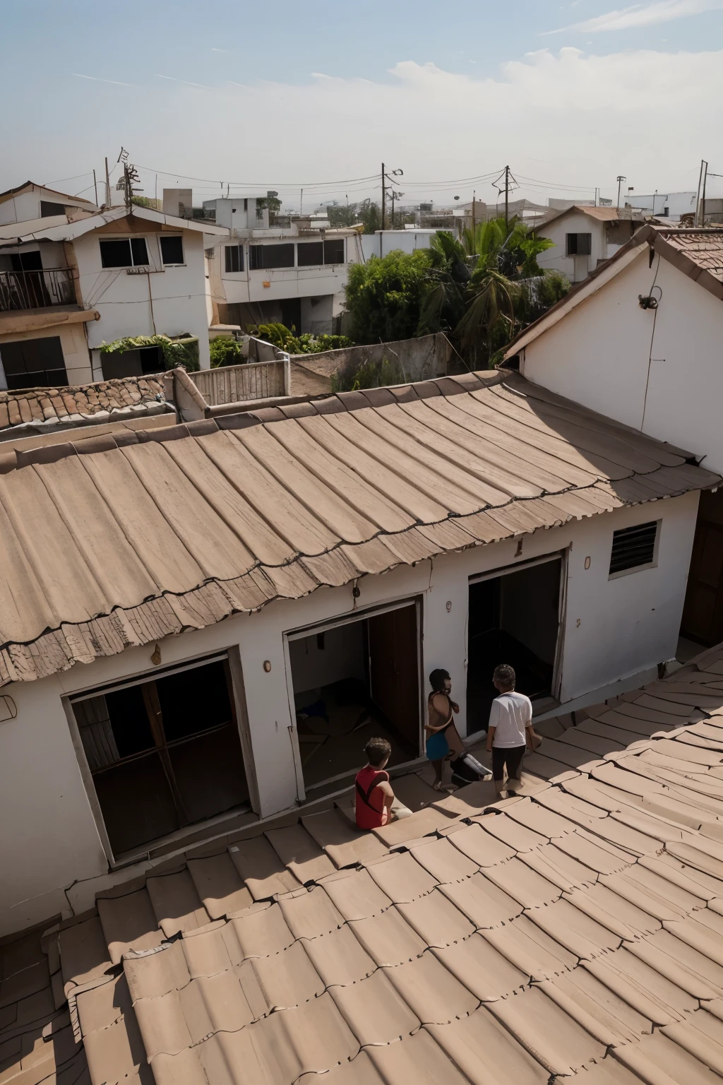 Uma casa alagada, on the roof 4 desperate children asking for help and two dead children, e a canoa chega para ajudar, nela tem um homem e  um casal de idosos desesperados