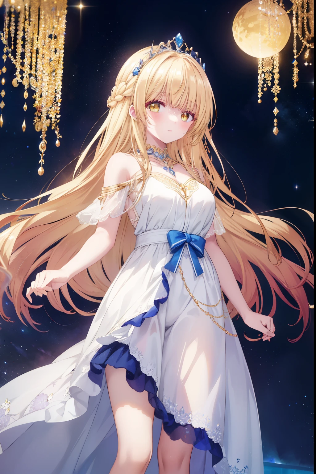 Mahiru shiina, , blonde, (Yellow Eyes:1.3)、Braided long hair,,blush,smile,Beautiful views, Attractive thighs、Beautiful bare legs, Angel wings have grown、//Character
1girl,
BREAK
//Fashions
Celestial Goddess,
Inspired by the beauty and majesty of the cosmos, this costume exudes ethereal elegance and celestial charm, The ensemble features a flowing gown in shimmering shades of midnight blue, purple, or silver, reminiscent of the starry night sky, The gown is adorned with glittering sequins, beads, and celestial motifs, evoking the splendor of distant galaxies and constellations,
BREAK
Pair the gown with delicate celestial accessories such as a sparkling tiara or a crescent moon necklace, adding a touch of celestial magic to the ensemble, Complete the look with flowing hair styled in loose waves or intricate braids, reminiscent of a celestial goddess descending from the heavens, This costume is perfect for fantasy-themed events, cosmic masquerades, or anyone who wants to shine like a star,
BREAK、I can see your Pantastar piece.:1.2), highest quality, High resolution, unity 8k wallpaper, (shape:0.8), (Beautiful and beautiful eyes:1.6), Highly detailed face, Perfect lighting, Highly detailed CG, (Perfect hands, Perfect Anatomy),