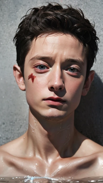 Elijah Wood, portrait, wet body and face, advertise concept, confident, vogue magazine cover concept, shirtless, studio nature photo, grey wall, Wounded face due to a cut, with red blood in his face
