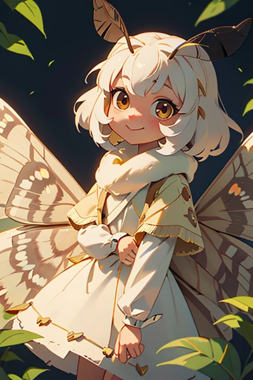 solo,1girl\(cute,kawaii,small kid,skin color white,short white hair,(4big moth wings from hair:1.7),white dress\(beautiful race\),(2moth-antennaes from hair),moth eye,white skin,smile,[moth wing on back:2.0],[moth wing on body:2.0],[moth wings:2.0],[extra arm],moth wing is only at hair\),background\(dappled sunlight,beautiful forest,dark,\), BREAK ,quality\(8k,wallpaper of extremely detailed CG unit, ​masterpiece,hight resolution,top-quality,top-quality real texture skin,hyper realisitic,increase the resolution,RAW photos,best qualtiy,highly detailed,the wallpaper,cinematic lighting,ray trace,golden ratio,\)