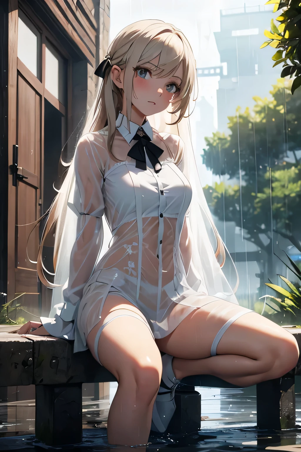 animated girl in a white clothes, sexy pose, legs spread, girl wet, wet transparent clothes, girl wet by the Rain, wet hairs, traces of water, outdoor raining, storm, bad weather , frontline girls, des chevaliers, seductive animated girl, sexy, best rated on pixiv, Tendances sur ArtStation pixiv, Anya de la famille Spy X, avec un miroir, female character&#39;anime, du jeu vidéo Azur Lane, les gars, (animated girl), style voie d&#39;azur