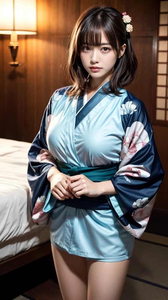 muster piece, best quality, illustration, Super detailed, fine details, High resolution, 8K,wall paper, perfect dynamic composition,(Details High quality, realistic depiction of eyes:1.3), (idol, kimono:1.3), short hair, (wavy hair:1.2), black hair color, Big Natural Color Lip, bold sexy pose, crying a little、cold gaze, Harajuku style、20 year old girl、cute type、lolita、beautiful legs, hotel room, beautiful legs, full body photo、focus on crotch, hposing Gravure Idol, large breasts,