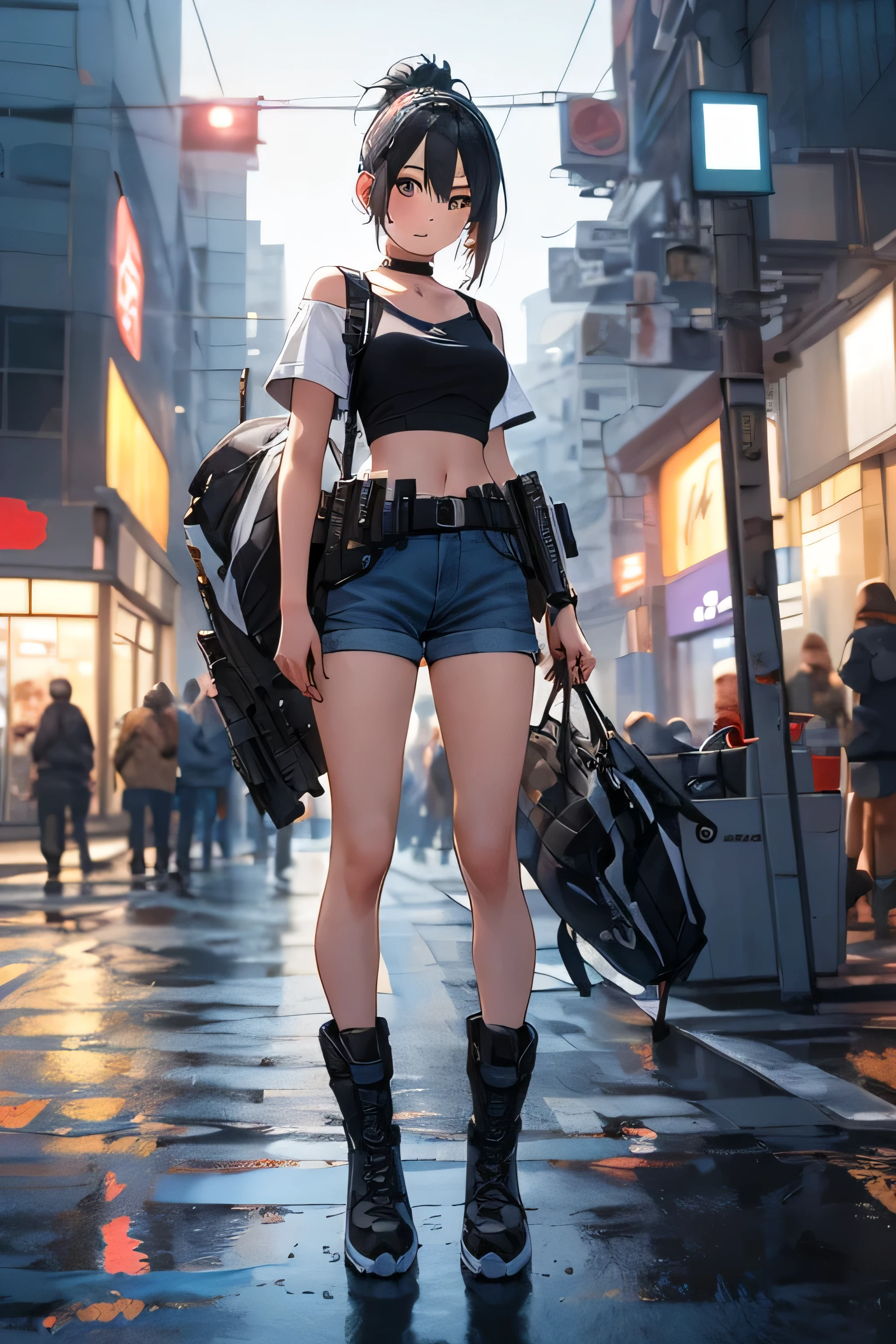 masterpiece, highest quality, One Girl, Medium Long Bob, Ponytail, choker, shirt, Open sweatshirt, Cyberpunk style clothing, Army Boots, Shoulder Holster, Beautiful breasts, finely, Toned legs, A girl standing in the center of town, More backgrounds, gun shop, gun, Armed, The subject is very small, The subject is extremely small, The subject's entire body is visible, spring, Warm colors, Natural posing, Accurate and highly detailed backgrounds, cute, Detailed face, fine grain, Beautiful Eyes, Facing forward、Watching the viewer from afar, Jet Black Hair, smile, Delicately drawn limbs,
