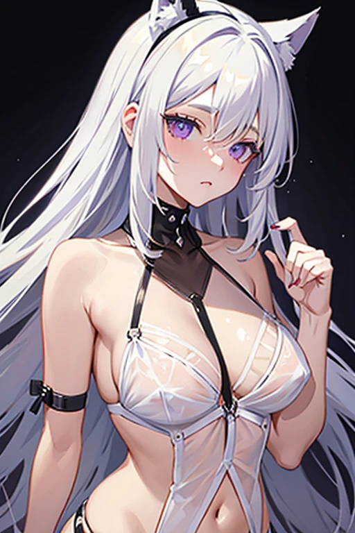 white hair,violet eyes,dog ears,androgynous,see-through camisole,special occasion thong panties,anime,kawaii,best quality,highly detailed,insanely detailed