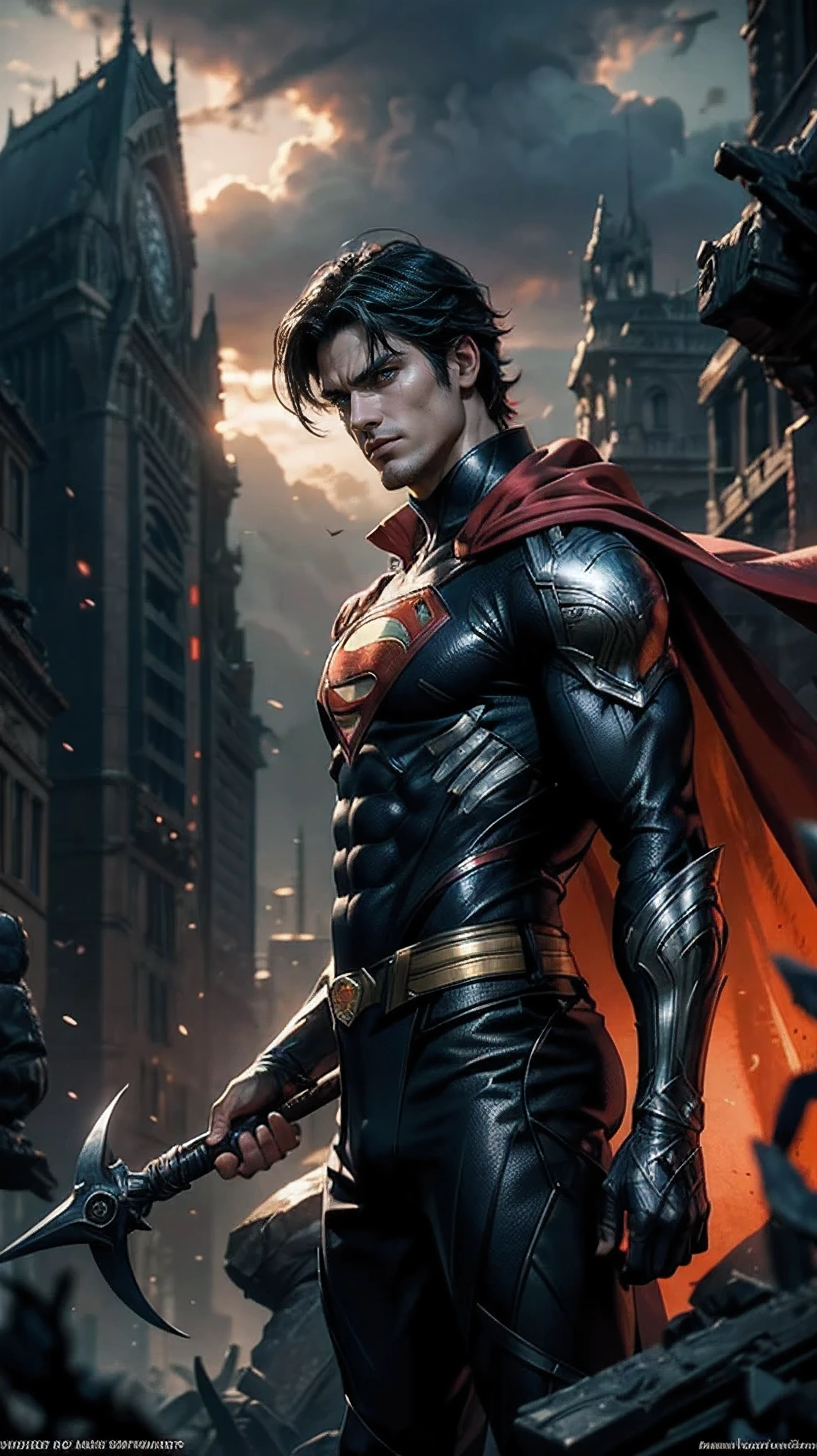 LOW ANGLE SHOT: A masterpiece in the realm of anime, showcasing the highest resolution and every meticulous detail, is this stunning depiction of SUPERMAN. His brilliant BLACK hair, textured with each strand visible, and beautifully detailed eyes, add an air of mystery and intrigue. Standing defiantly against a dark and ominous background, this handsome demon slayer epitomizes the quintessential villain in the world of fantasy art. With a depth of field that brings out the rich textures and hues, this composition bursts with vibrant, bright colors. UHD, VERY SHARP FOCUS!!! (haze-light