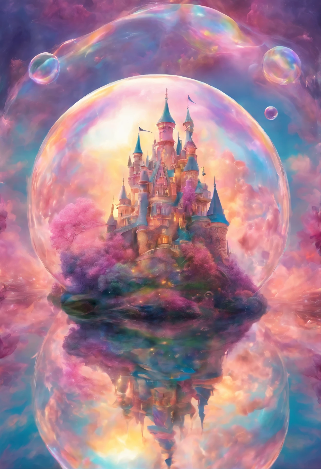from below, best quality, super fine, 16k, incredibly absurdres, extremely detailed, delicate and dynamic, gorgeous, magnificent, fluffy, pastel-colored dream castle reflected in a giant iridescent soap bubble