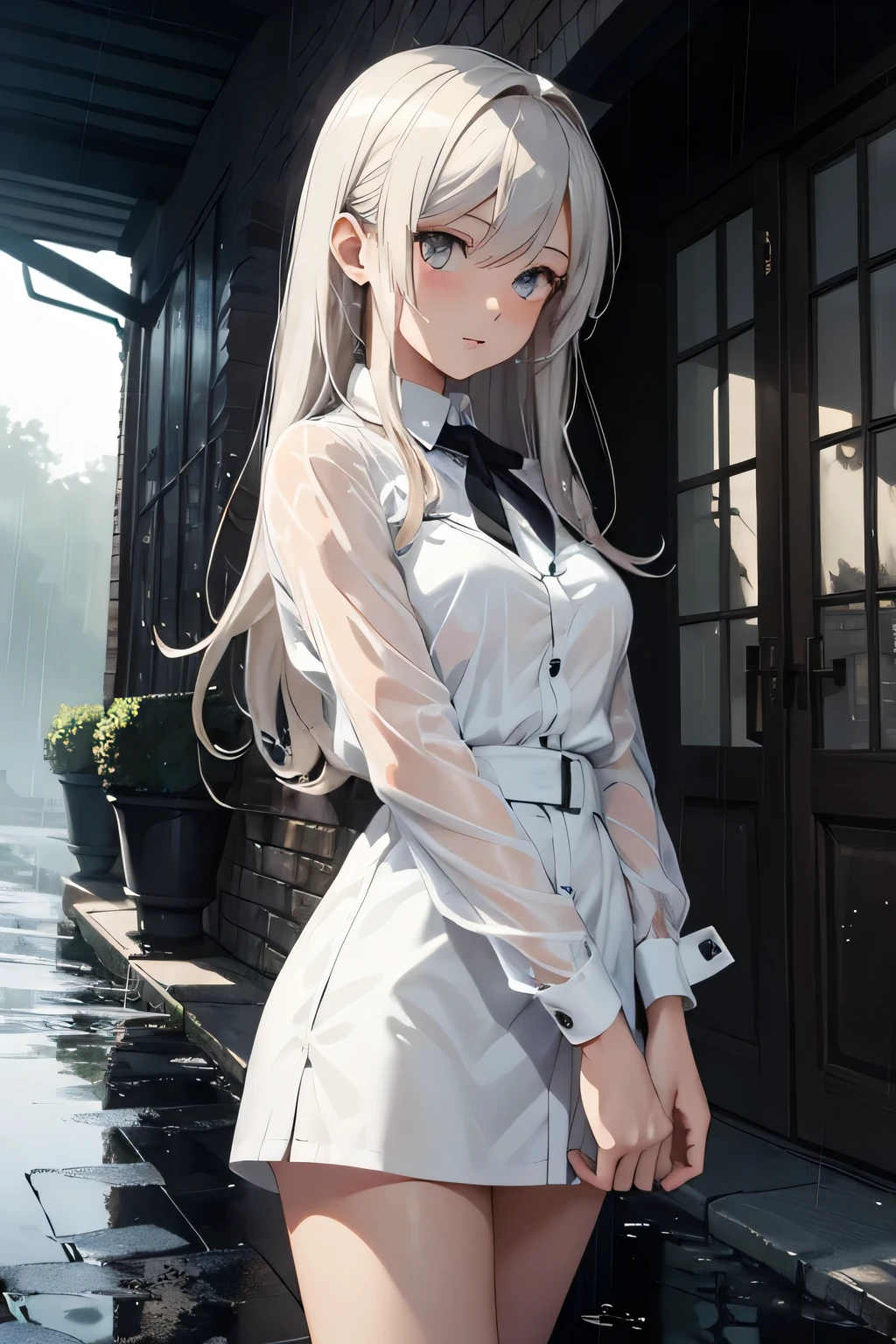 animated girl in a white clothes, sexy pose, girl wet, wet transparent clothes, girl wet by the Rain, wet hairs, traces of water, outdoor raining, storm, bad weather , Lightning, orages, frontline girls, des chevaliers, seductive animated girl, sexy, best rated on pixiv, Tendances sur ArtStation pixiv, Anya de la famille Spy X, avec un miroir, female character&#39;anime, du jeu vidéo Azur Lane, les gars, (animated girl), style voie d&#39;azur