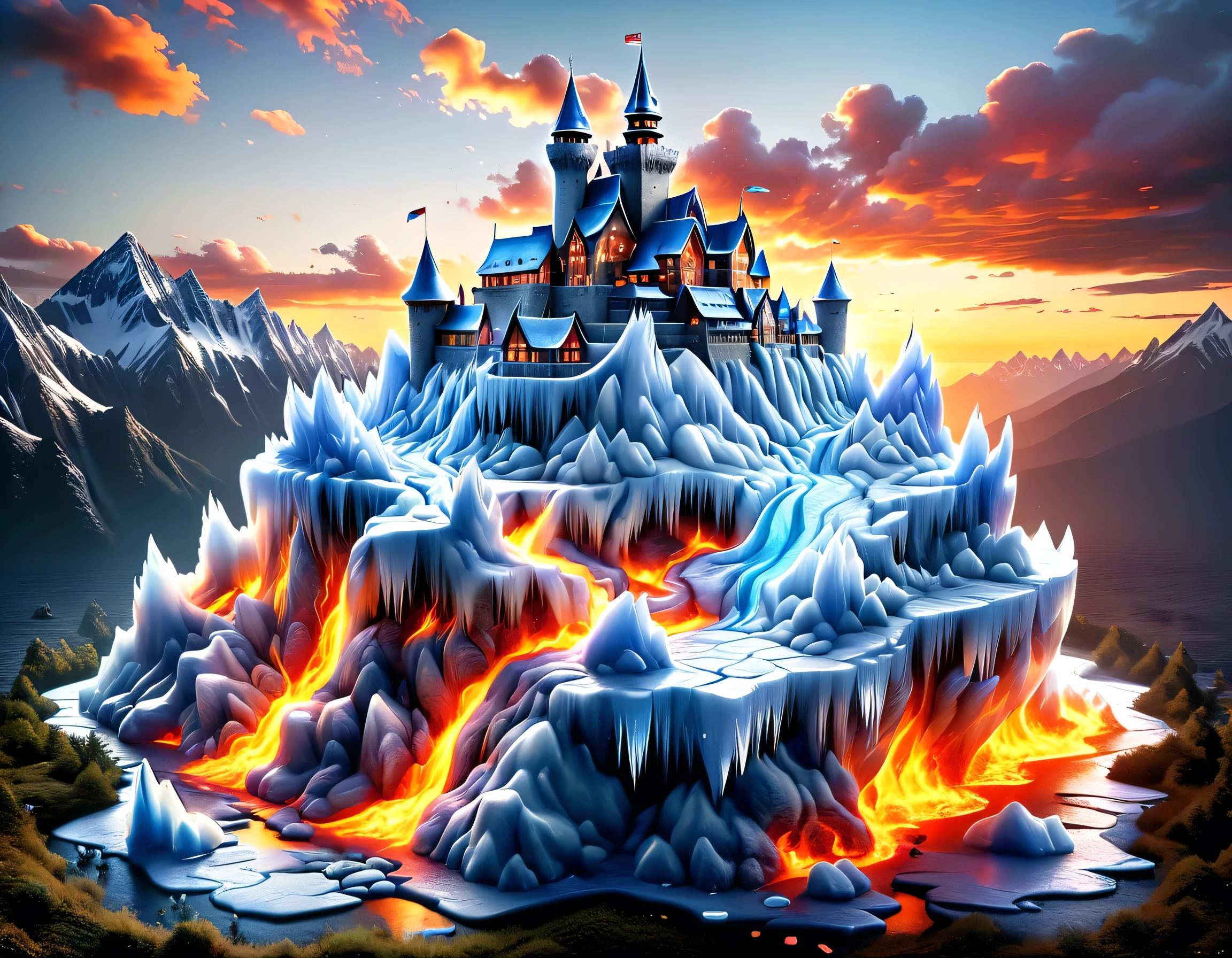 a panoramic award winning photography, Photorealistic, extremely detailed of a castle made from (ice: 1.3) made_of_ice standing on the peak of a snowy mountain, an impressive best detailed castle made from ice (Photorealistic, extremely detailed), with towers, bridges, a moat filled with lava (Photorealistic, extremely detailed),  standing on top of a snowy mountain (masterpiece, extremely detailed, best quality), with pine trees, sunset light, some clouds in the air,  alpine mountain range background, best realistic, best details, best quality, 16k, [ultra detailed], masterpiece, best quality, (extremely detailed), ultra wide shot, photorealism, depth of field, faize