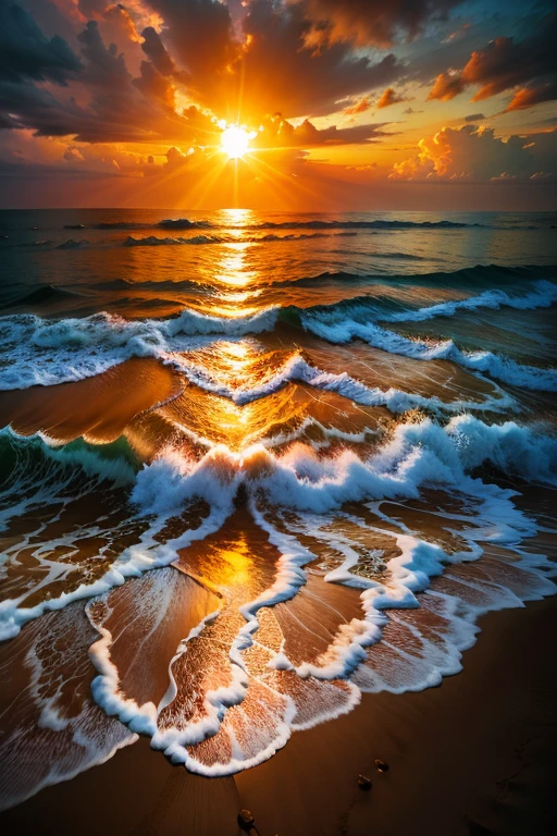 8k、Super Resolution、Real、RAW Photos、highest quality、masterpiece:1.2、Orange and red sunset、Enchanting sunset on the beach, The sun sets、The rays of the setting sun shining through the tinted clouds、 Calm waves undulation、 A gentle kiss on the shore, On a wide sandy beach Long and wide ebb tide:1.2、Exotic and dynamic、 Peaceful beach、Cinematic Light、