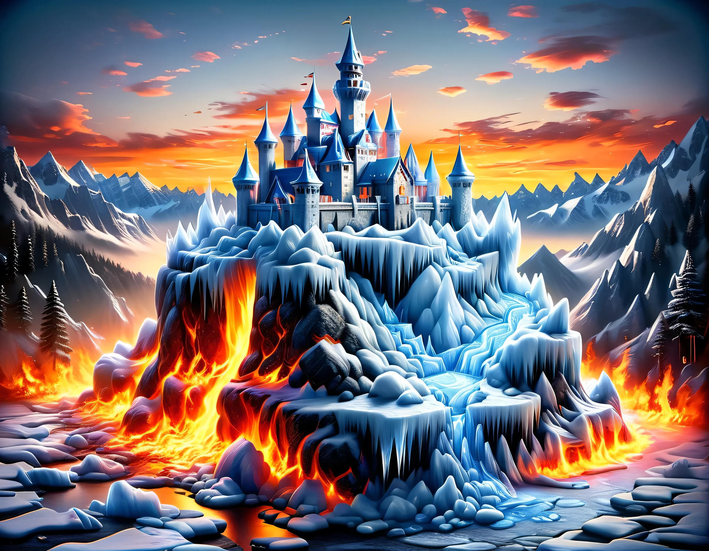 a panoramic award winning photography, Photorealistic, extremely detailed of a castle made from (ice: 1.3) made_of_ice standing on the peak of a snowy mountain, an impressive best detailed castle made from ice (Photorealistic, extremely detailed), with towers, bridges, a moat filled with lava (Photorealistic, extremely detailed),  standing on top of a snowy mountain (masterpiece, extremely detailed, best quality), with pine trees, sunset light, some clouds in the air,  alpine mountain range background, best realistic, best details, best quality, 16k, [ultra detailed], masterpiece, best quality, (extremely detailed), ultra wide shot, photorealism, depth of field, faize