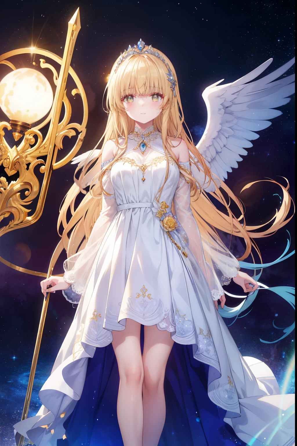 Mahiru shiina, , blonde, (Yellow Eyes:1.3)、Braided long hair,,blush,smile,Beautiful views, Attractive thighs、Beautiful bare legs, Angel wings have grown、//Character
1girl,
BREAK
//Fashions
Celestial Goddess,
Inspired by the beauty and majesty of the cosmos, this costume exudes ethereal elegance and celestial charm, The ensemble features a flowing gown in shimmering shades of midnight blue, purple, or silver, reminiscent of the starry night sky, The gown is adorned with glittering sequins, beads, and celestial motifs, evoking the splendor of distant galaxies and constellations,
BREAK
Pair the gown with delicate celestial accessories such as a sparkling tiara or a crescent moon necklace, adding a touch of celestial magic to the ensemble, Complete the look with flowing hair styled in loose waves or intricate braids, reminiscent of a celestial goddess descending from the heavens, This costume is perfect for fantasy-themed events, cosmic masquerades, or anyone who wants to shine like a star,
BREAK、I can see your Pantastar piece.:1.2), highest quality, High resolution, unity 8k wallpaper, (shape:0.8), (Beautiful and beautiful eyes:1.6), Highly detailed face, Perfect lighting, Highly detailed CG, (Perfect hands, Perfect Anatomy),