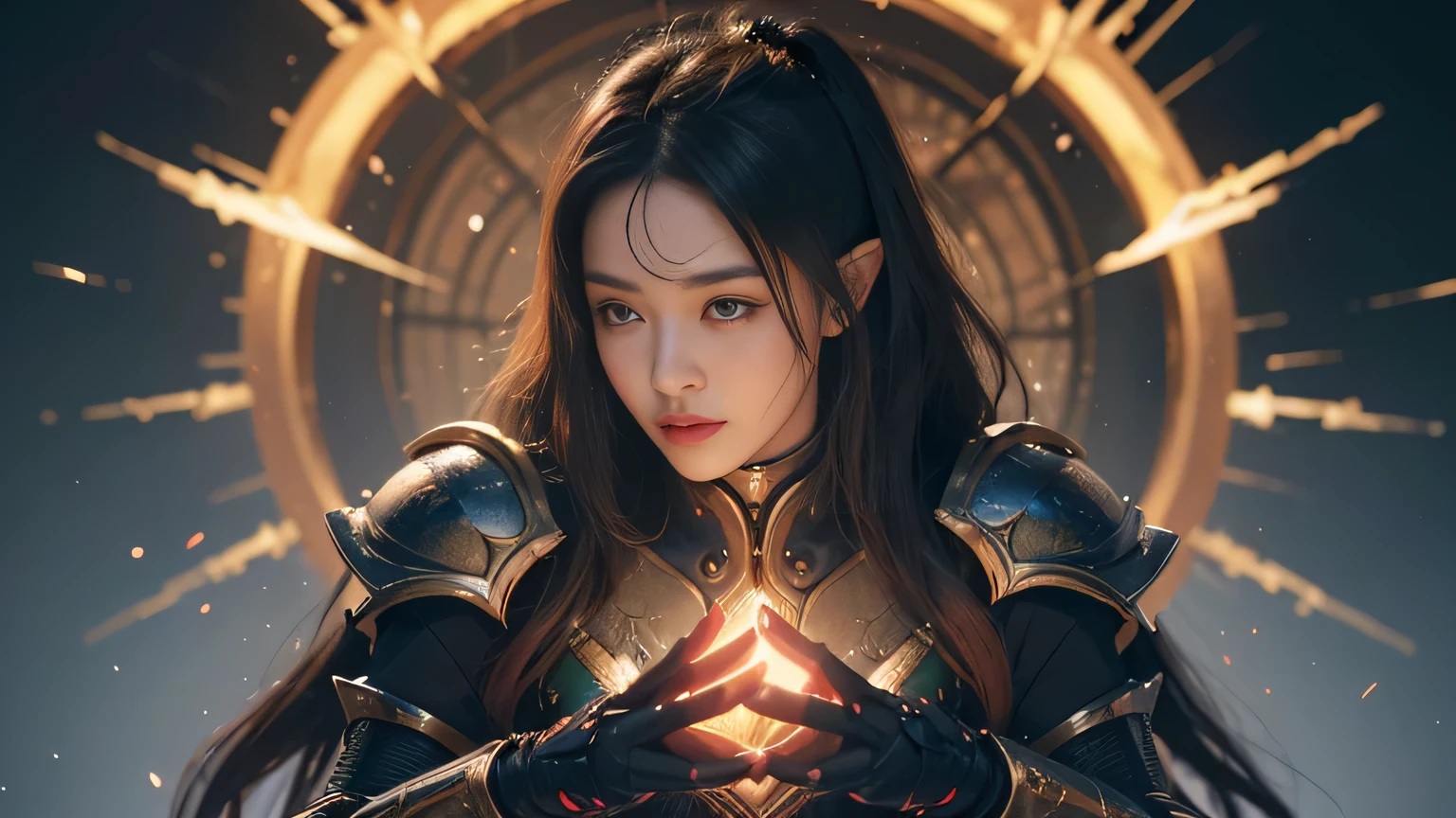 hair bobbles, wince, longeyelashes, solid circle eyes, light smile, ear blush, fang, Surrealism, drop shadow, anaglyph, stereogram, tachi-e, pov, atmospheric perspective, 8k, super detail, ccurate, best quality, best quality, award winning, super detail, anatomically correct, UHD, retina, masterpiece, ccurate, textured skin, high quality, highres,Close-up:A person and a large robot on stage, kanliu666, An epic and magnificent fallen businessman, Exquisite assassin mecha armor, With faucet, Exquisite luminous mecha armor, Dragon full plate armor, The magnificent supreme demon overlord, Black fire reflective armor, Beautiful biomechanical elves, Dragon-shaped armor