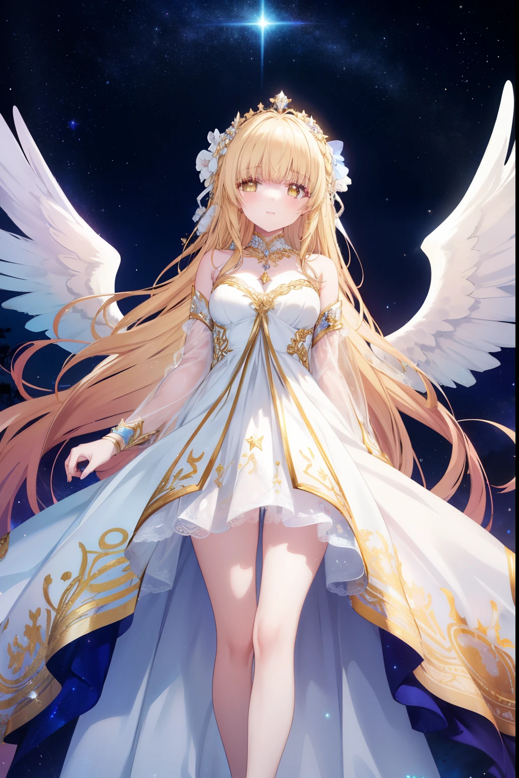Mahiru shiina, , blonde, (Yellow Eyes:1.3)、Braided long hair,,blush,smile,Beautiful views, Attractive thighs、Beautiful bare legs, Angel wings have grown、//Character
1girl,
BREAK
//Fashions
Celestial Goddess,
Inspired by the beauty and majesty of the cosmos, this costume exudes ethereal elegance and celestial charm, The ensemble features a flowing gown in shimmering shades of midnight blue, purple, or silver, reminiscent of the starry night sky, The gown is adorned with glittering sequins, beads, and celestial motifs, evoking the splendor of distant galaxies and constellations,
BREAK
Pair the gown with delicate celestial accessories such as a sparkling tiara or a crescent moon necklace, adding a touch of celestial magic to the ensemble, Complete the look with flowing hair styled in loose waves or intricate braids, reminiscent of a celestial goddess descending from the heavens, This costume is perfect for fantasy-themed events, cosmic masquerades, or anyone who wants to shine like a star,
BREAK、I can see your Pantastar piece.:1.2), highest quality, High resolution, unity 8k wallpaper, (shape:0.8), (Beautiful and beautiful eyes:1.6), Highly detailed face, Perfect lighting, Highly detailed CG, (Perfect hands, Perfect Anatomy),