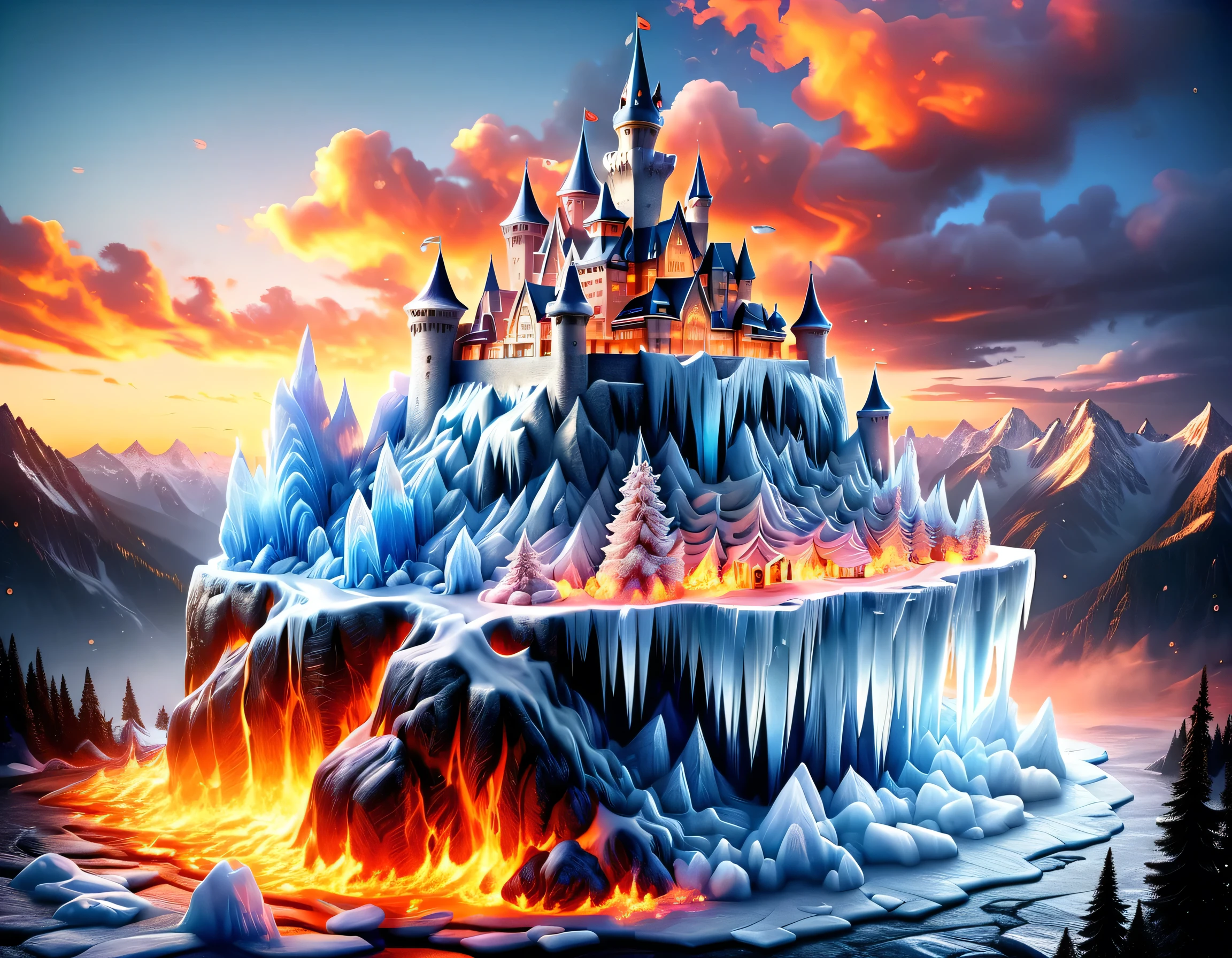 a panoramic award winning photography, Photorealistic, extremely detailed of a castle made from (ice: 1.3) made_of_ice standing on the peak of a snowy mountain, an impressive best detailed castle made from ice (Photorealistic, extremely detailed), with towers, bridges, a moat filled with lava (Photorealistic, extremely detailed),  standing on top of a snowy mountain (masterpiece, extremely detailed, best quality), with pine trees, sunset light, some clouds in the air,  alpine mountain range background, best realistic, best details, best quality, 16k, [ultra detailed], masterpiece, best quality, (extremely detailed), ultra wide shot, photorealism, depth of field, faize