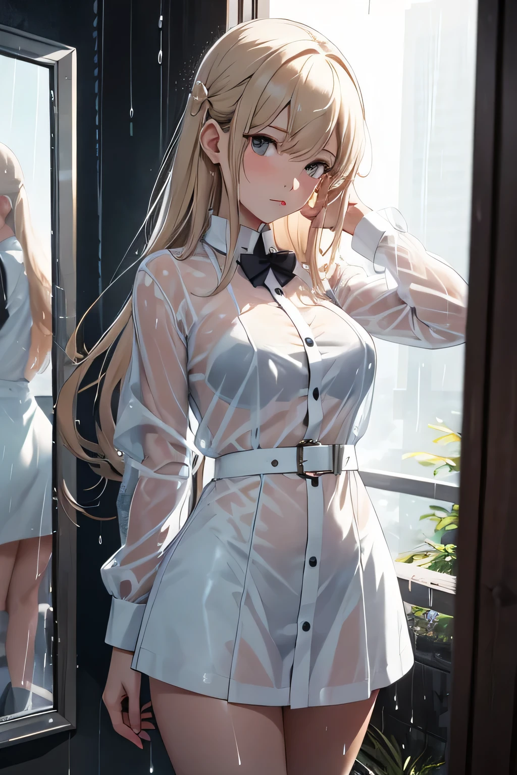 animated girl in a white clothes, sexy pose, girl wet, wet transparent clothes, girl wet by the Rain, wind, wet hairs, traces of water,raining, outdoor raining, storm, twister, bad weather , Lightning, orages, Grey sky, nuageux, frontline girls, des chevaliers, seductive animated girl, sexy, best rated on pixiv, Tendances sur ArtStation pixiv, Anya de la famille Spy X, avec un miroir, female character'anime, du jeu vidéo Azur Lane, les gars, (animated girl), style voie d'azur
