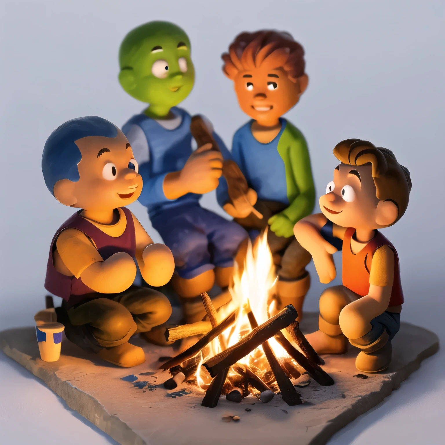 Three boys around a bonfire，Clay style，Cartoon
