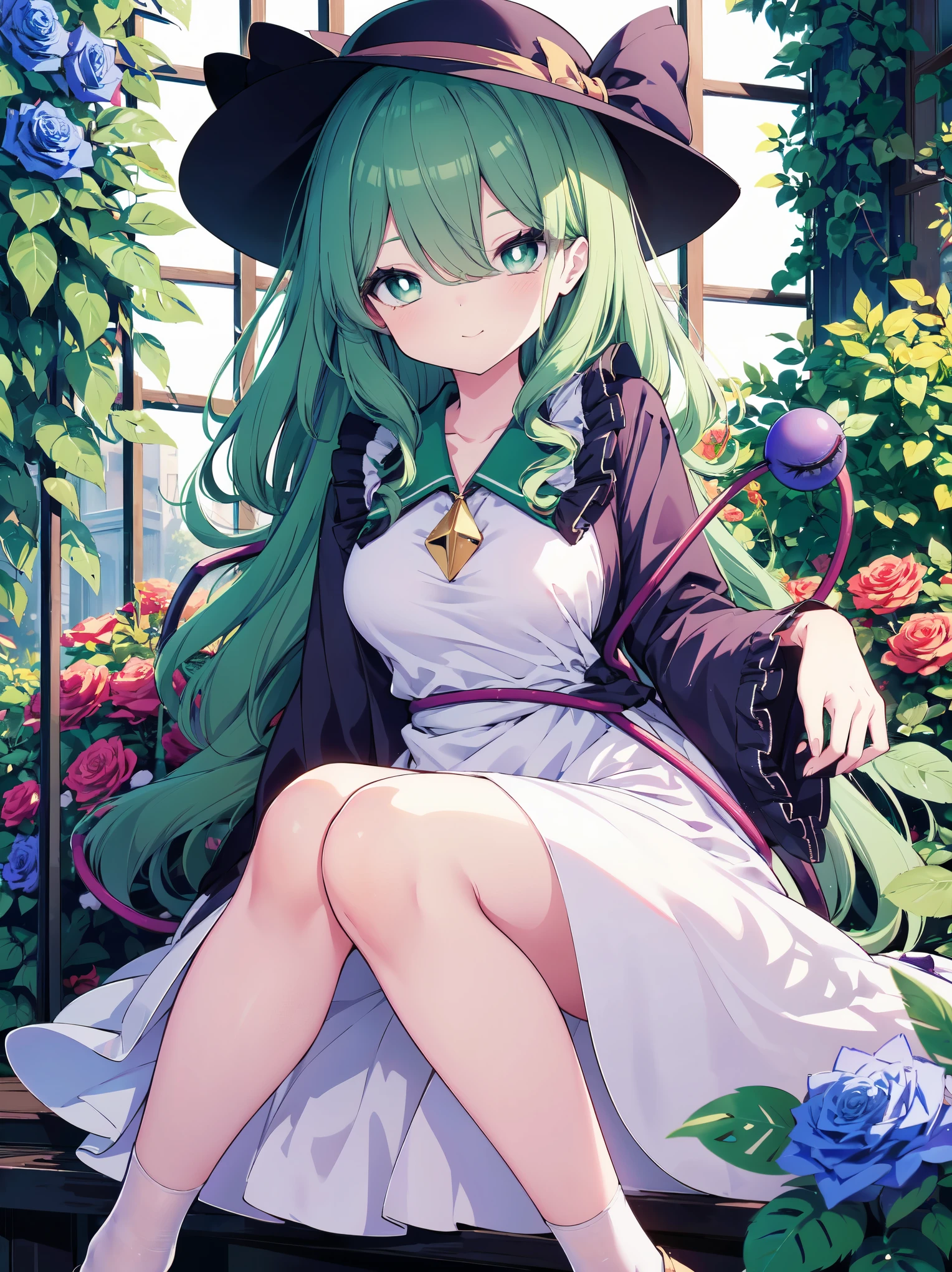 (colorful:1.1), (ultra-high resolution, depth of field:1.2), Touhou project, (komeiji koishi), (1woman), adult, medium breasts, (dark green eyes), white pupils, glowing eyes, green hair, wavy hair, (long hair), ponytail, (wearing a white summer dress:1.2), A closed blue-purplish "third eye", with cords wrapped around her torso and attached to each of her ankles, (blue roses in the background), garden scenery, gentle smile, (squinting eyes)