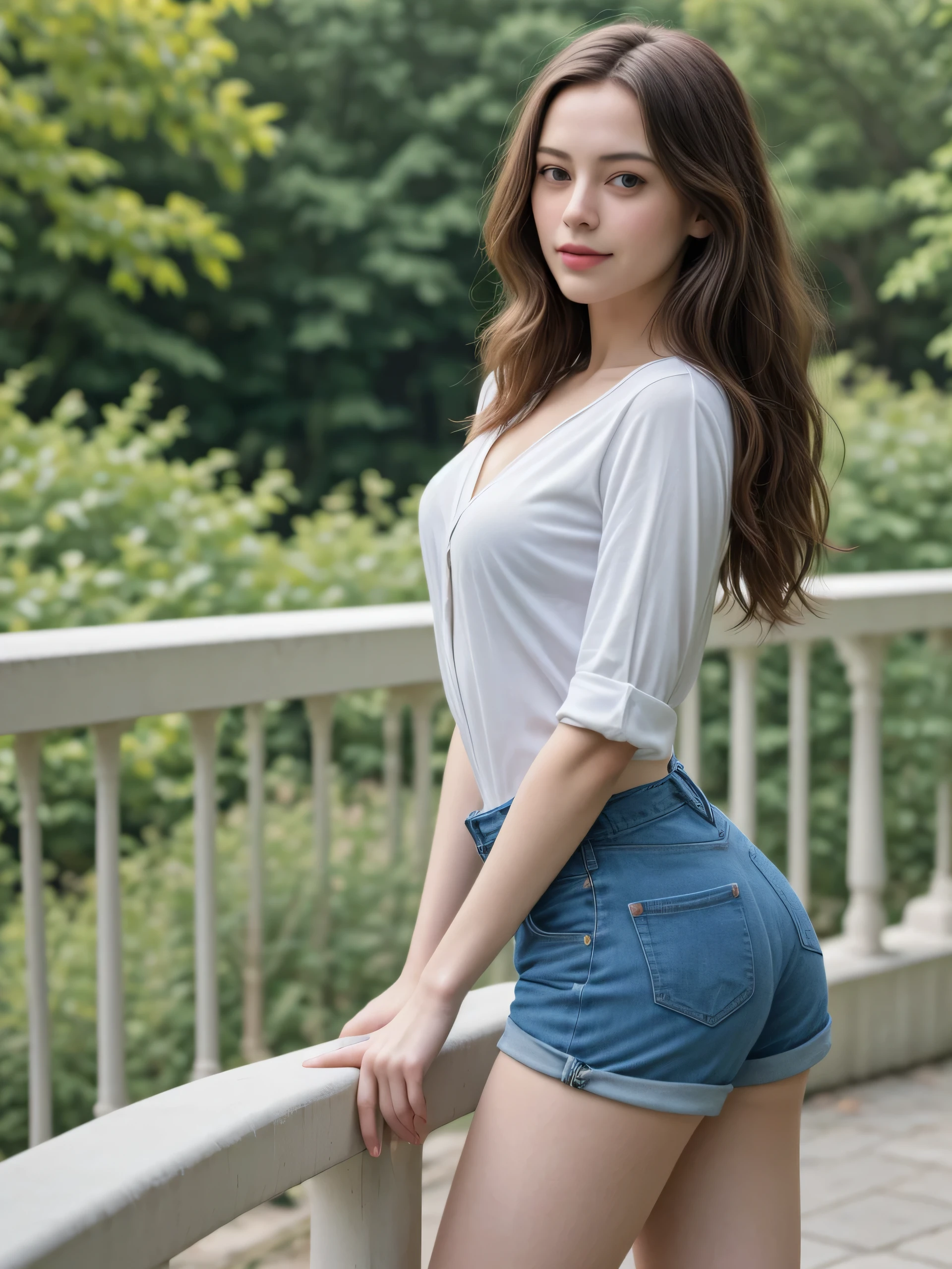 (Best quality, photorealistic, reality, realistic detail), a photos rendered with Ulreal-engine 5.2, A beautiful young girl, looking alike Kaya Scodelario, side swept hair look, (slim body shape :1.4), big breasts, slim legs, delicate face, ((Wearing a loosen flanel shirt and rip shorts)), lean on terrace rail, condominium, a park in distant, airy, sensual mood, seductive smile, staring seductively.