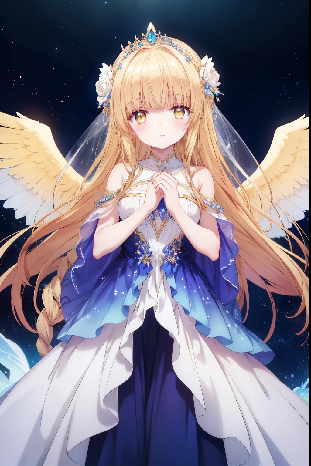 Mahiru shiina, , blonde, (Yellow Eyes:1.3)、Braided long hair,,blush,smile,Beautiful views, Attractive thighs、Beautiful bare legs, Angel wings have grown、//Character
1girl,
BREAK
//Fashions 
Celestial Goddess,
Inspired by the beauty and majesty of the cosmos, this costume exudes ethereal elegance and celestial charm, The ensemble features a flowing gown in shimmering shades of midnight blue, purple, or silver, reminiscent of the starry night sky, The gown is adorned with glittering sequins, beads, and celestial motifs, evoking the splendor of distant galaxies and constellations, 
BREAK
Pair the gown with delicate celestial accessories such as a sparkling tiara or a crescent moon necklace, adding a touch of celestial magic to the ensemble, Complete the look with flowing hair styled in loose waves or intricate braids, reminiscent of a celestial goddess descending from the heavens, This costume is perfect for fantasy-themed events, cosmic masquerades, or anyone who wants to shine like a star,
BREAK、I can see your Pantastar piece.:1.2), highest quality, High resolution, unity 8k wallpaper, (shape:0.8), (Beautiful and beautiful eyes:1.6), Highly detailed face, Perfect lighting, Highly detailed CG, (Perfect hands, Perfect Anatomy),