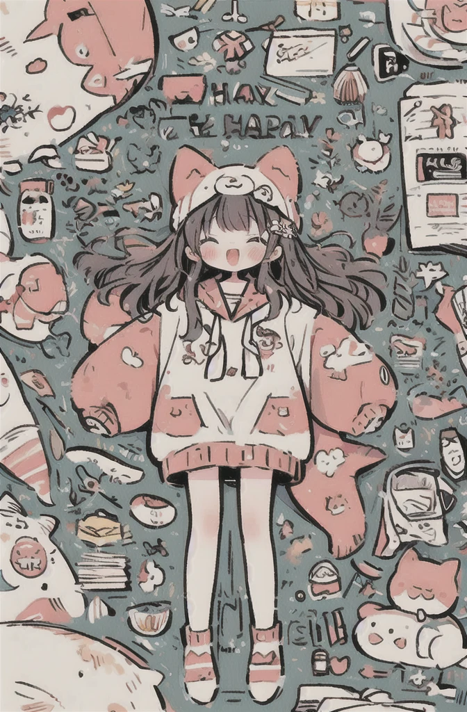 Nice illustration, sketch, best quality, cute girl, Kigurumi, , Variza, (messy) Room, Toy, Happy, fan art, Akagi Miria,  