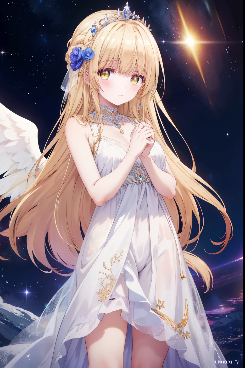 Mahiru shiina, , blonde, (Yellow Eyes:1.3)、Braided long hair,,blush,smile,Beautiful views, Attractive thighs、Beautiful bare legs, Angel wings have grown、//Character
1girl,
BREAK
//Fashions
Celestial Goddess,
Inspired by the beauty and majesty of the cosmos, this costume exudes ethereal elegance and celestial charm, The ensemble features a flowing gown in shimmering shades of midnight blue, purple, or silver, reminiscent of the starry night sky, The gown is adorned with glittering sequins, beads, and celestial motifs, evoking the splendor of distant galaxies and constellations,
BREAK
Pair the gown with delicate celestial accessories such as a sparkling tiara or a crescent moon necklace, adding a touch of celestial magic to the ensemble, Complete the look with flowing hair styled in loose waves or intricate braids, reminiscent of a celestial goddess descending from the heavens, This costume is perfect for fantasy-themed events, cosmic masquerades, or anyone who wants to shine like a star,
BREAK、I can see your Pantastar piece.:1.2), highest quality, High resolution, unity 8k wallpaper, (shape:0.8), (Beautiful and beautiful eyes:1.6), Highly detailed face, Perfect lighting, Highly detailed CG, (Perfect hands, Perfect Anatomy),