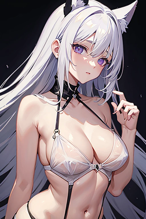 white hair,violet eyes,dog ears,androgynous,see-through camisole,special occasion thong panties,anime,best quality,highly detailed,insanely detailed