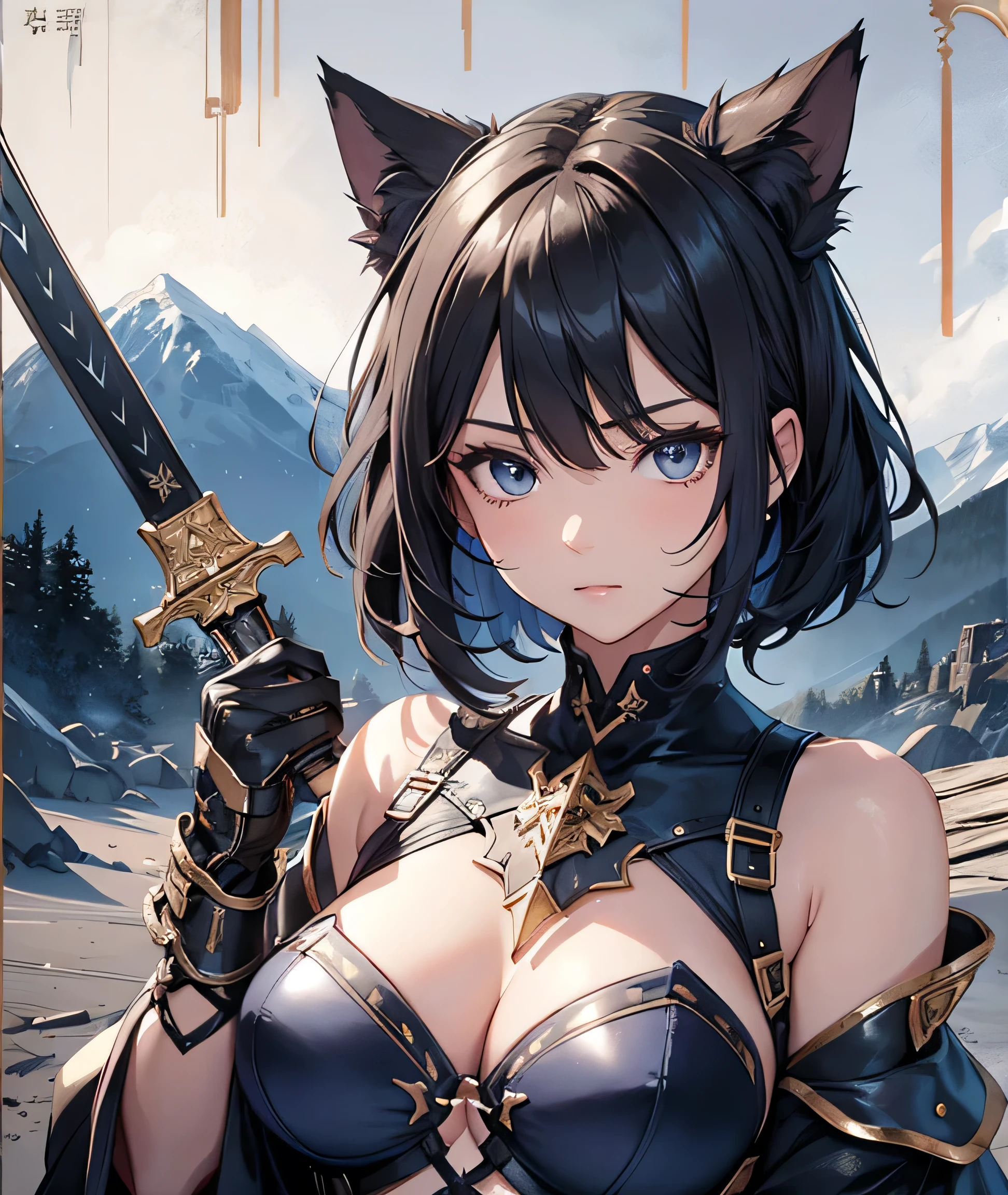 beautiful detailed girl, clear and beautiful, Make the character the main point of view, glowing skin, girls, not, young, 20 years, short hair, shortcut, Short hair, Beautifully detailed glass hair, ((swinging a big sword, battle stance)) ((Steampunk Iron Armor Costume, Black color, reconsideration)) beautiful details, cold face, cold expression, beautiful and delicate eyes, black eye, moderate chest, black eye동자, Authentic skin texture, Very nice 8KCG wallpaper, Very nice 8K CG wallpaper, Watercolor (middle), female warrior, indigo hair, (((full body cut))), Cat's ears pink, Long knives, big knife, Traditional sword, swinging, attack stance, levitation, (((with my whole body))), Show me your whole body, (((dark, dark 밤, midnight))) ((Sky blue: dark blue)) (((nature background, mountain, wood))), ((outdoors))