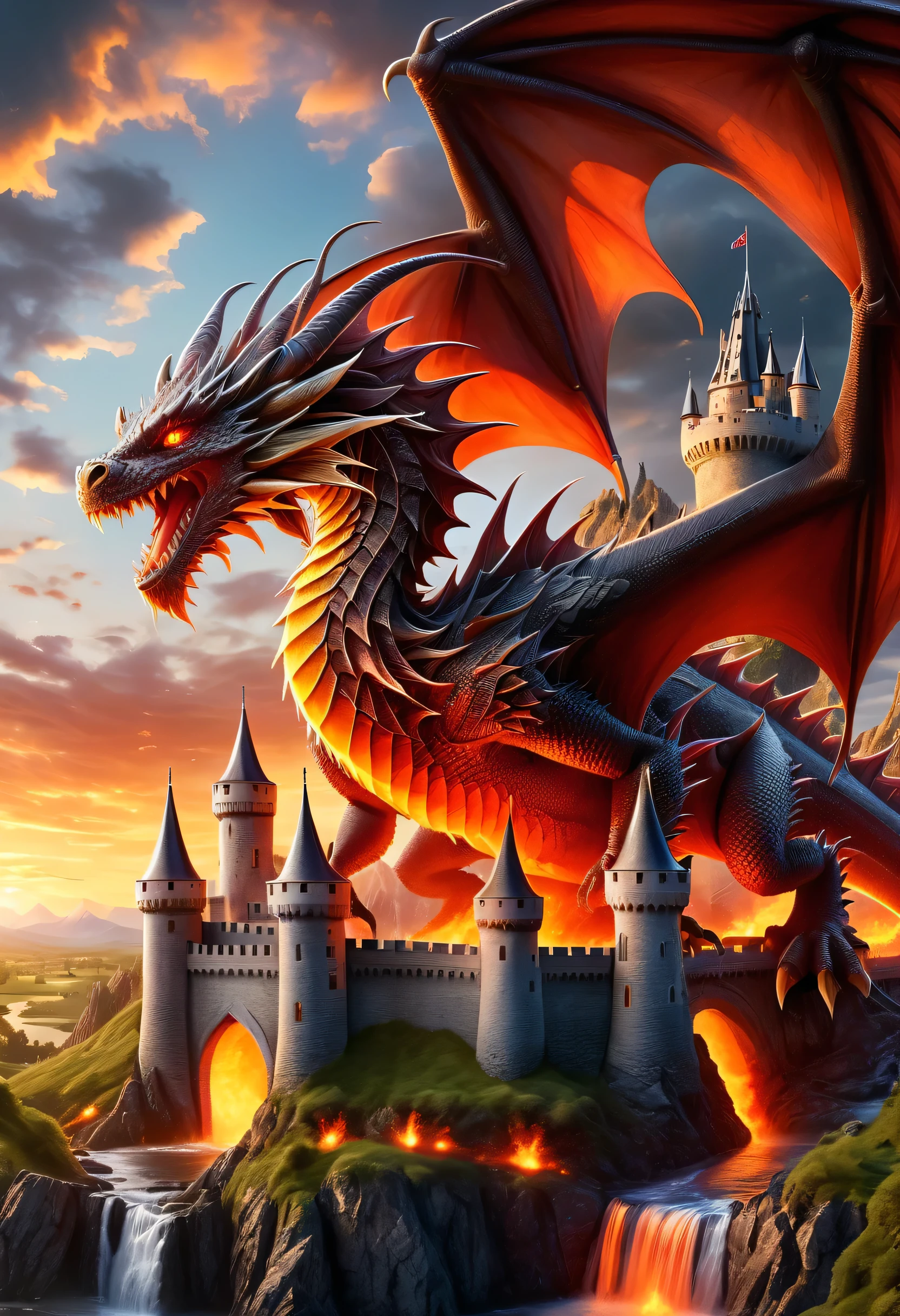 a panoramic award winning photography, Photorealistic, extremely detailed of a castle being attacked by a dragon, an impressive best detailed castle, with towers, bridges, a moat filled with lava, standing on top of a mountain, the red dragon flying near the castle threatening it, the sun sets on the castle, , masterpiece, best quality, (extremely detailed), ultra wide shot, photorealism, depth of field, faize