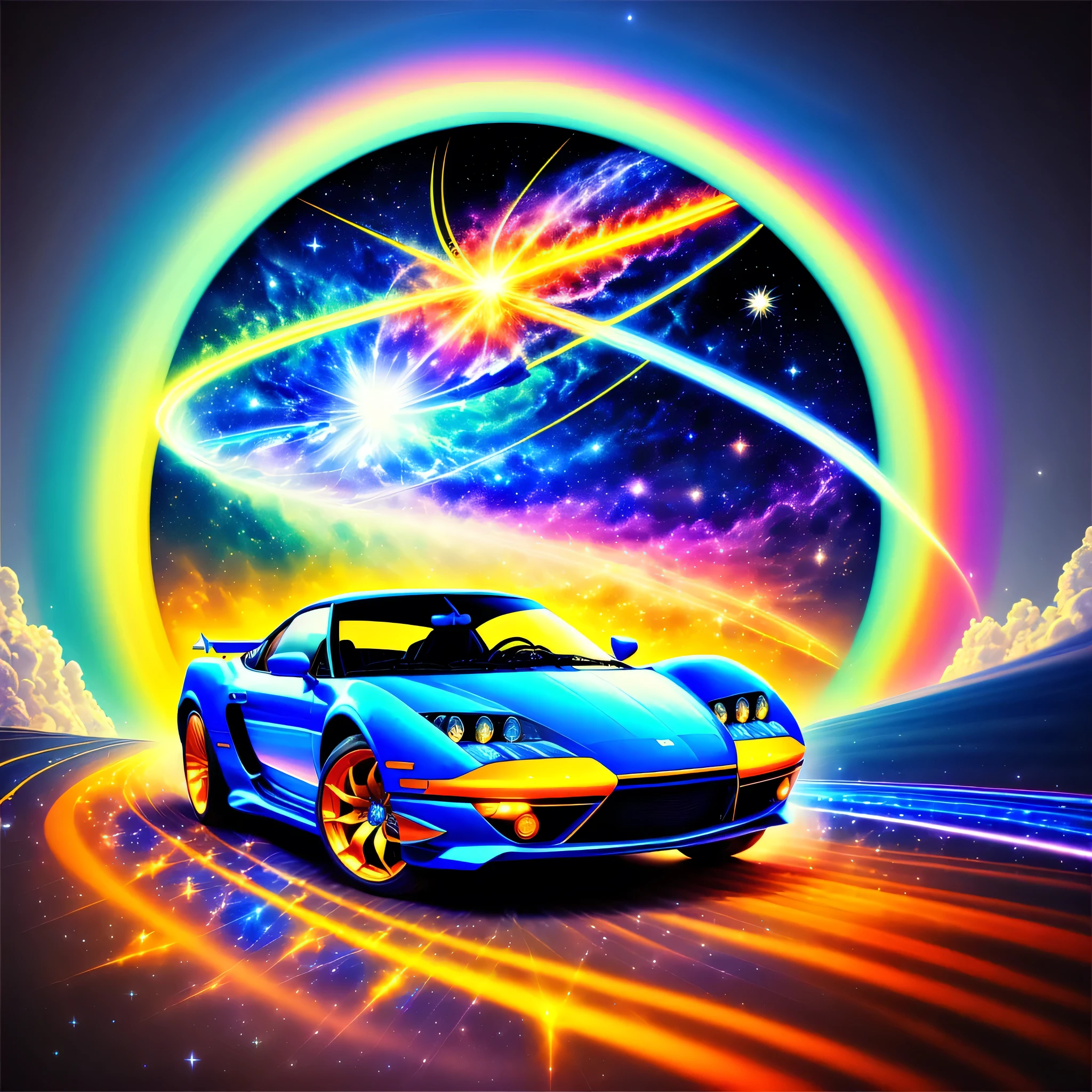 sports car in hyper space flying across a blue rainbow bridge. chronicles of superwisdom movie quality, primordial solar, complete all complex image generations, creation of time, creativity of victory, intellectual quality, chosen everything, completing the image generation is mandatory, no portrait, energy blast, futureroyalshatter spenustril kinetistruct major atamigic, make 4k quality, massive noise reduction, negative noise allowed in image, trioform meliskay, cravtav ofotae